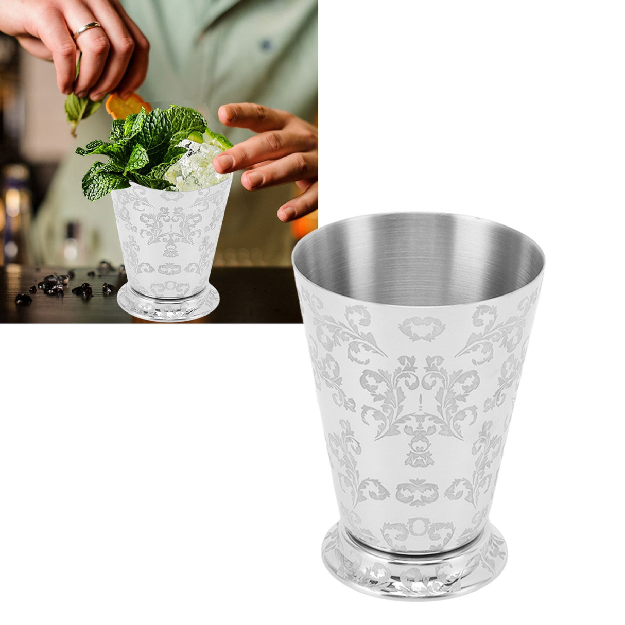 Cocktail Drinking Cup 304 Stainless Steel Silver Finish Moscow Mule Mug for Bars Home Leaf Pattern Carving