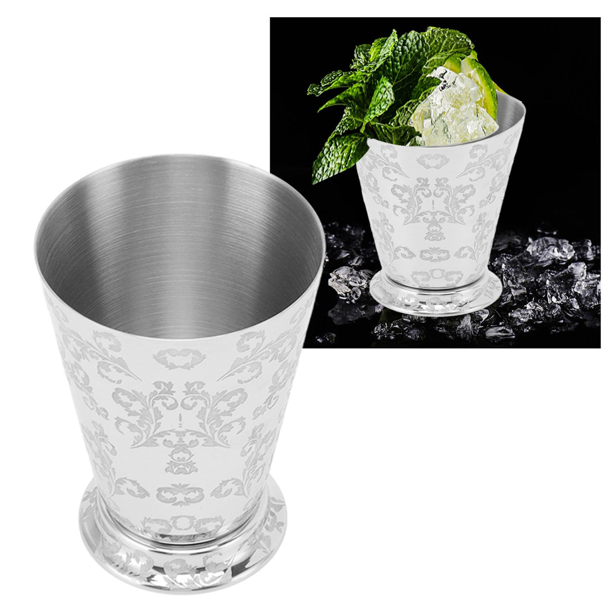 Cocktail Drinking Cup 304 Stainless Steel Silver Finish Moscow Mule Mug for Bars Home Leaf Pattern Carving