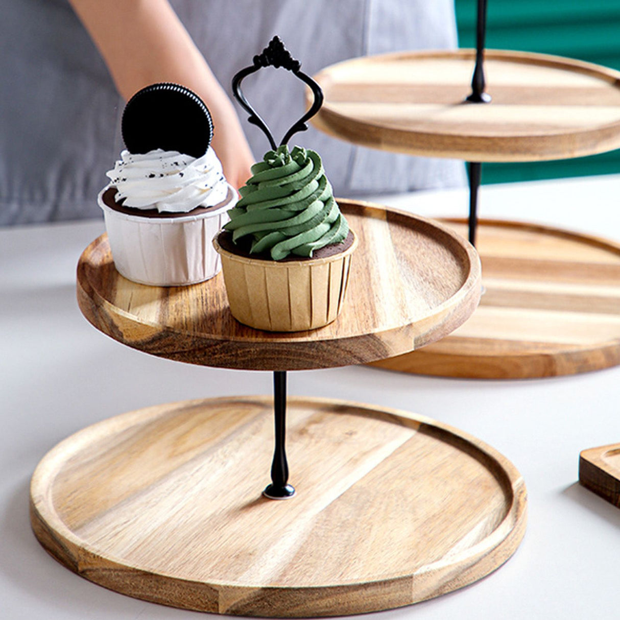 Wood Dessert Stand Rack Environmental Simple Vintage Wooden Dessert Display Tray Stand for Dessert Fruit Cake Snack Black Crown 2 Layers, Large