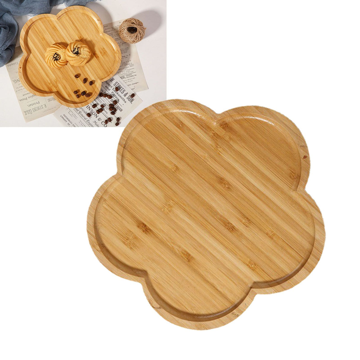 Bamboo Serving Tray Multipurpose Hand Crafted Decorative Wooden Tray for Ottoman Coffee Table Breakfast Drinks Flower Shape Size: Approx. 20x20x1.4cm / 7.9x7.9x0.6in