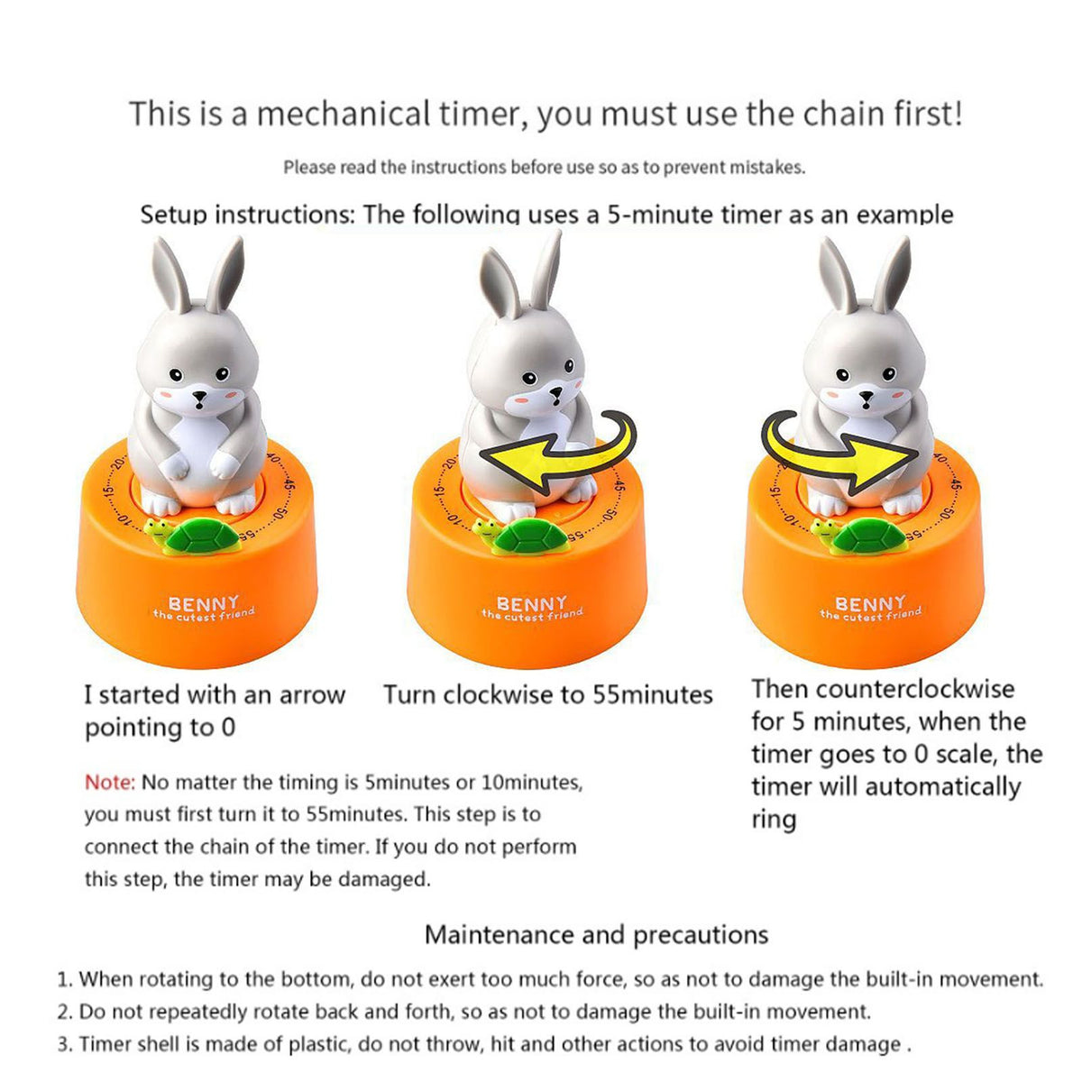 Cute Cartoon Animal Kitchen Mechanical Timer 60 Minute Visual Countdown Timer for Holiday Gifts Cooking Baking Study Sport Home Decoration RB713 Orange