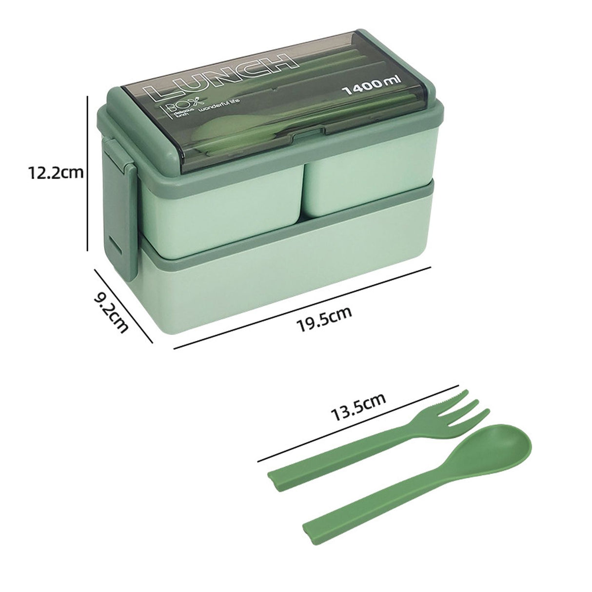 Bento Box Two Layers Green with Divider Food Grade Plastics Microwave Safe Lunch Container for Picnic