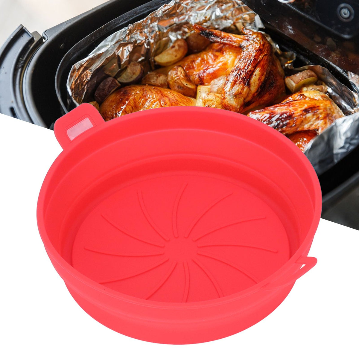 Foldable Fryer Silicone Liner Food Grade High Temperature Resistant Round Fryer Silicone Pot Red Diameter 21CM