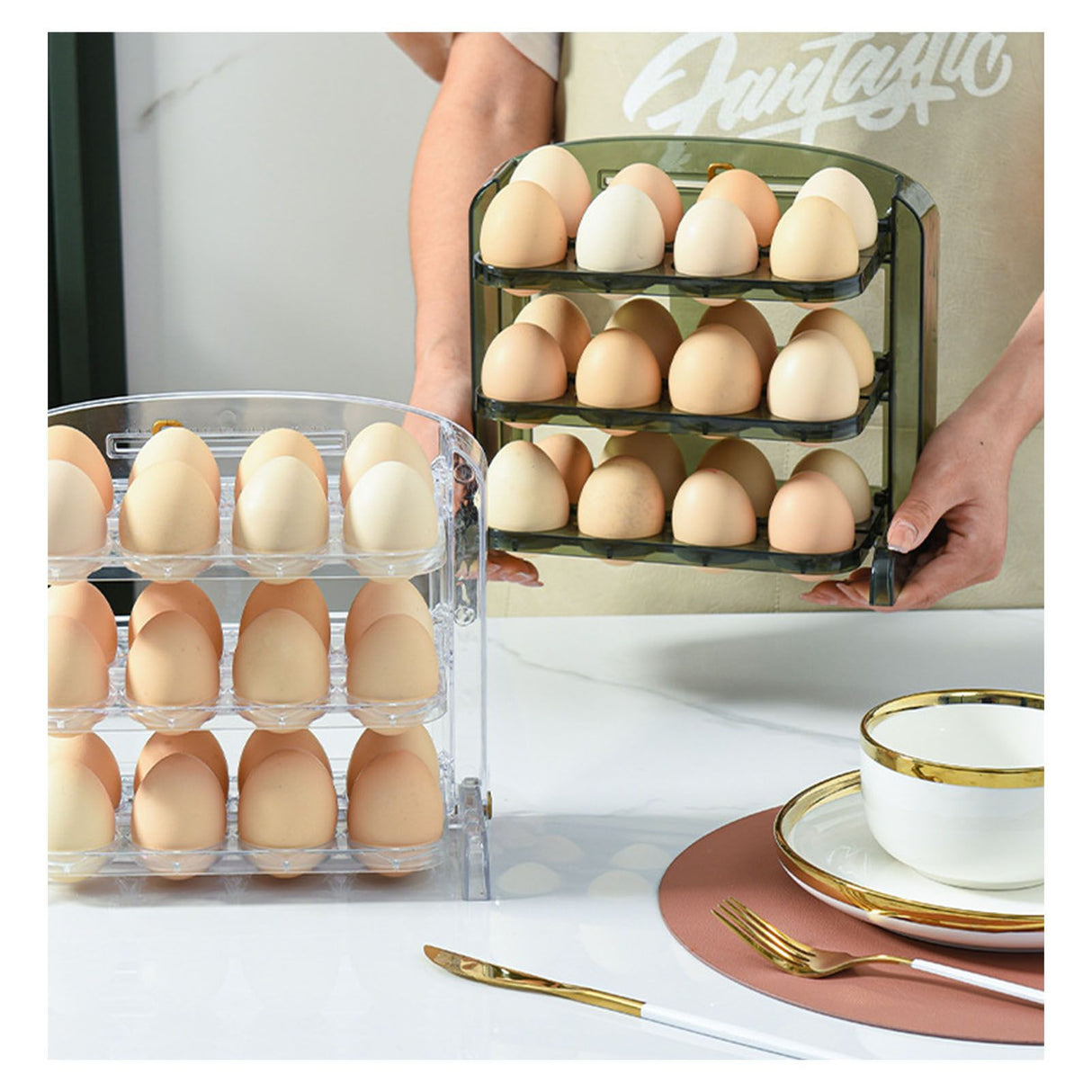 Foldable Egg Storage Container Simple 3 Layers Egg Protection Plastic Egg Tray Container Organizer for Home Kitchen Transparent White