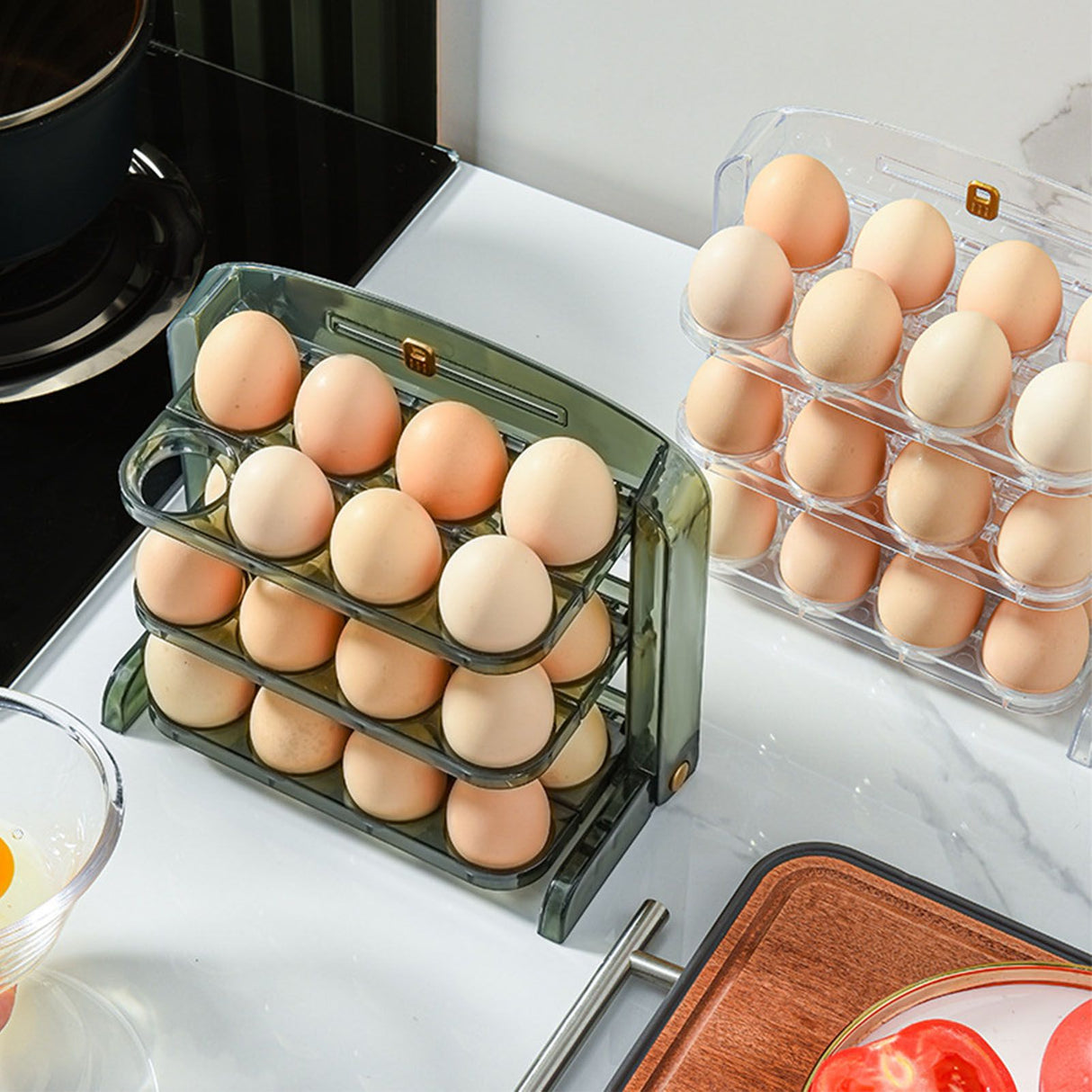 Foldable Egg Storage Container Simple 3 Layers Egg Protection Plastic Egg Tray Container Organizer for Home Kitchen Transparent White