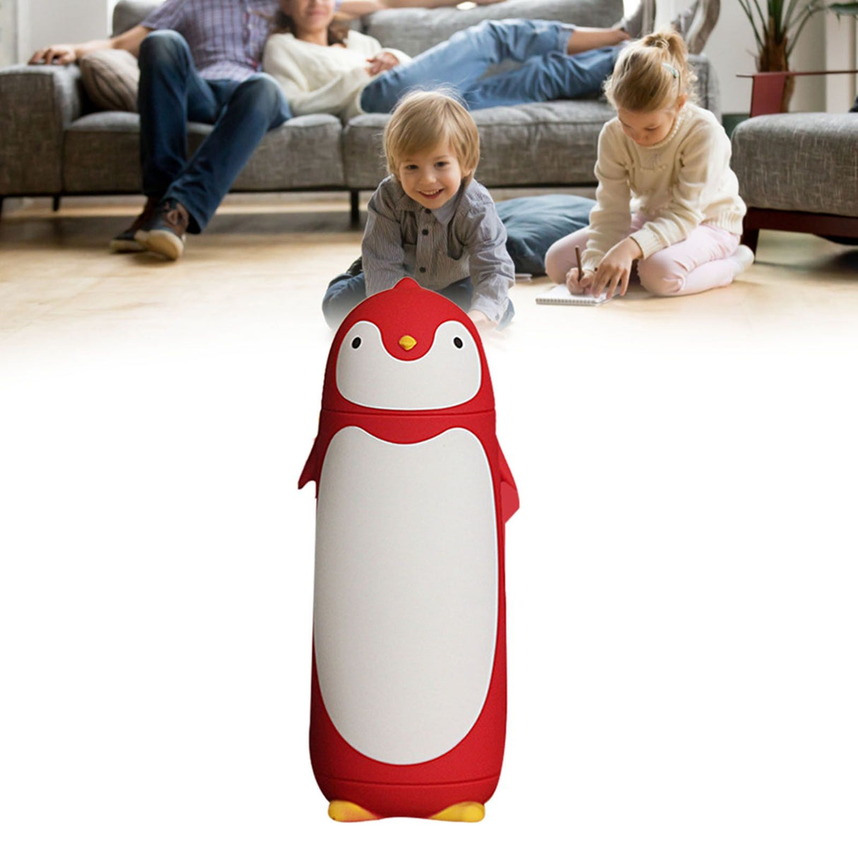 Water Bottle Penguin Design Heat Insulation 300ml Portable Water Cup for Outdoor Red