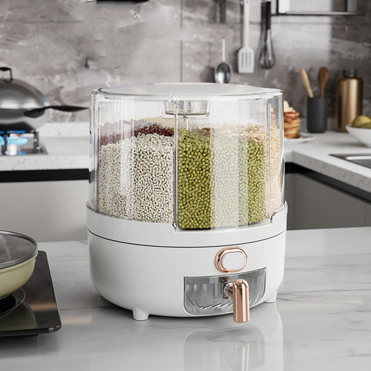 360 Degree Rotating Grain Dispenser Box PP Plastic Kitchen Storage Container for Rice and Beans White L