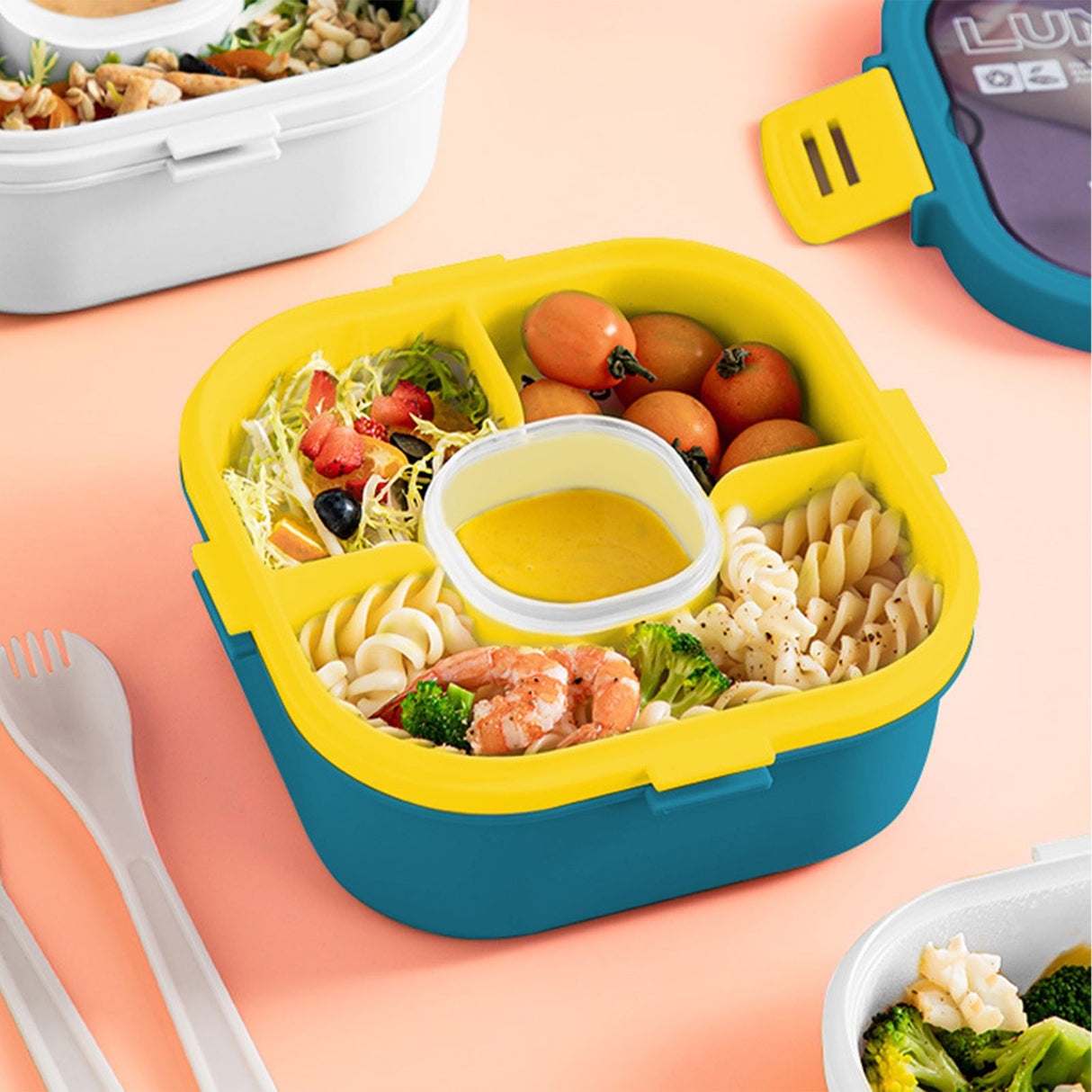 2 Layer Plastic Salad Lunch Box Microwave Safe Salad Lunch Container Portable Fruit Fat Reducing Light Food Picnic Box for Office Workers Blue, 1700ml