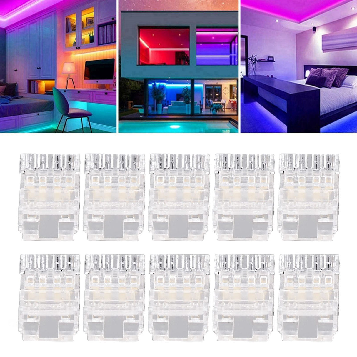 10Pcs COB LED Strip to Wire Connector 4Pin 10mm Transparent Solderless LED Adapter Connectors for Home School Office