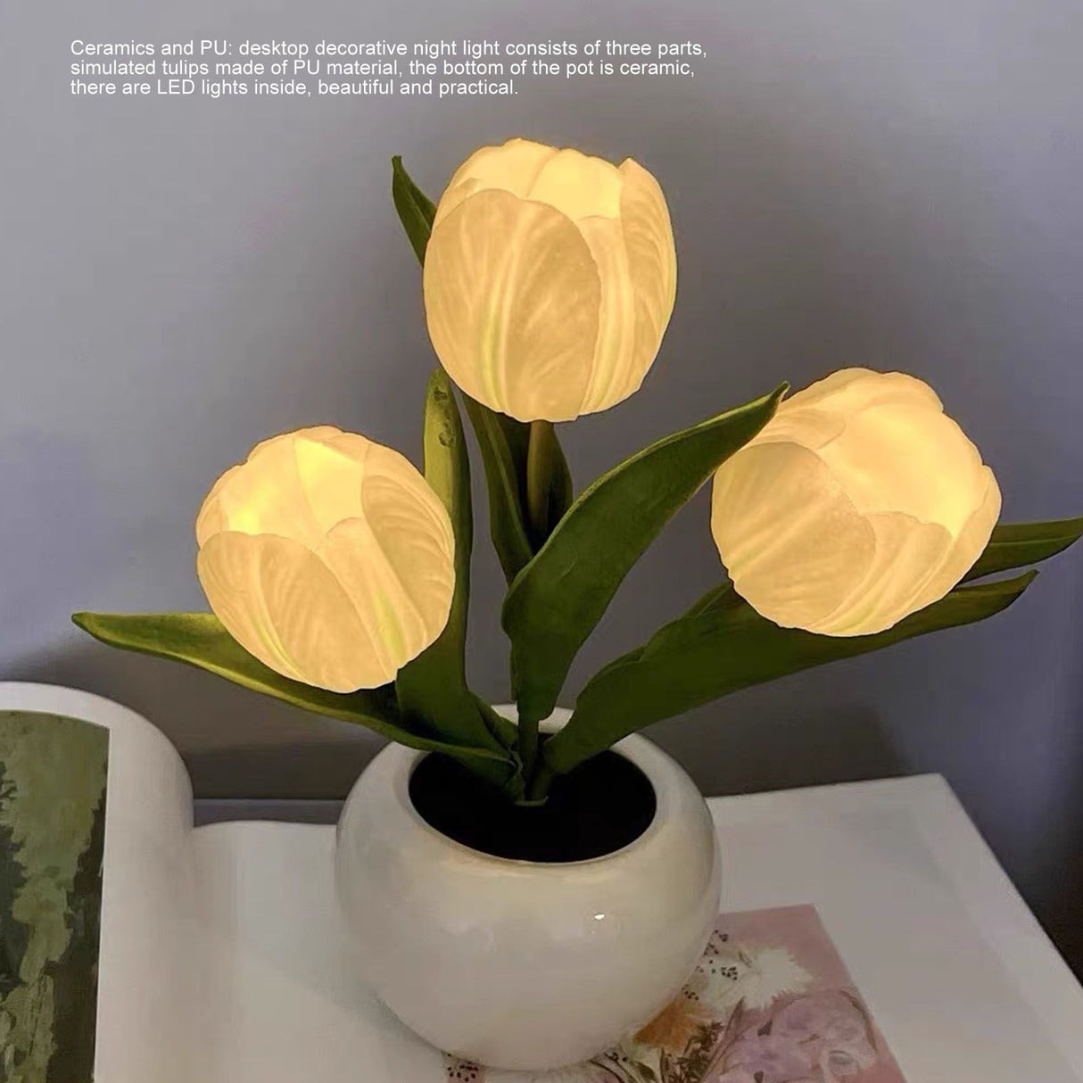 Tulip Night Light Soft Light Exquisite Ceramics PU Flower Table Lamp for Bookstores Cafes Battery Powered Ceramic Base White