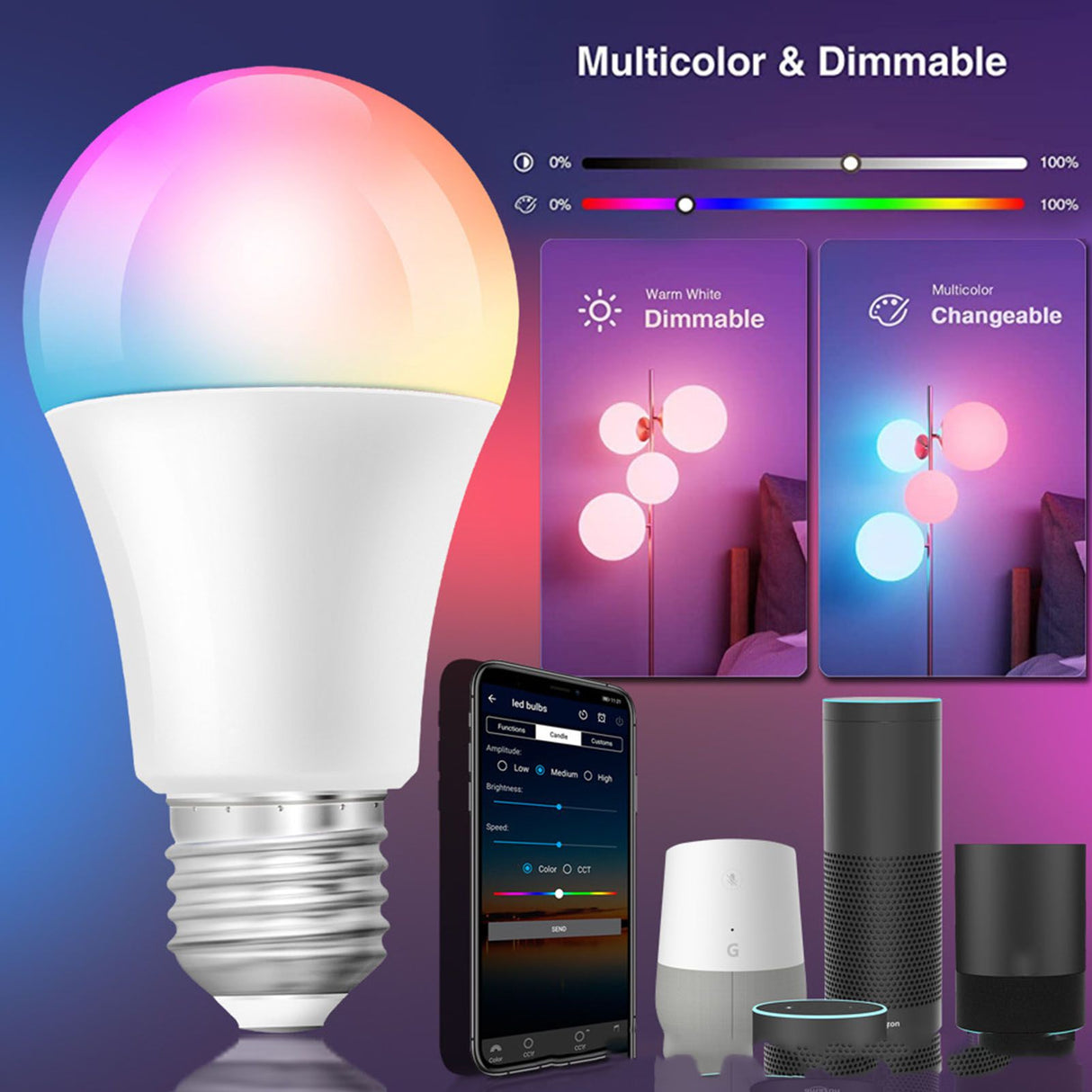 Smart WiFi LED Light Bulbs Voice Control LED Color Changing Light 2700K‑6500K Warm Light Dimmable E27 Bulb 9W 100‑130V