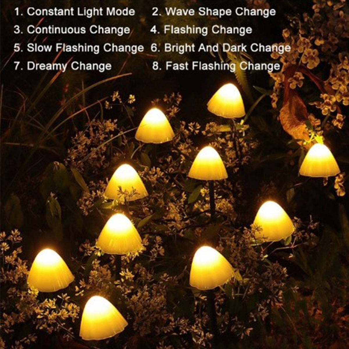 Mini Mushroom Solar Lights 8 Modes LED Waterproof String Pathway Outdoor Decoration for Garden Backyard Lawn Party 3.45meter 10 Beads Warm White