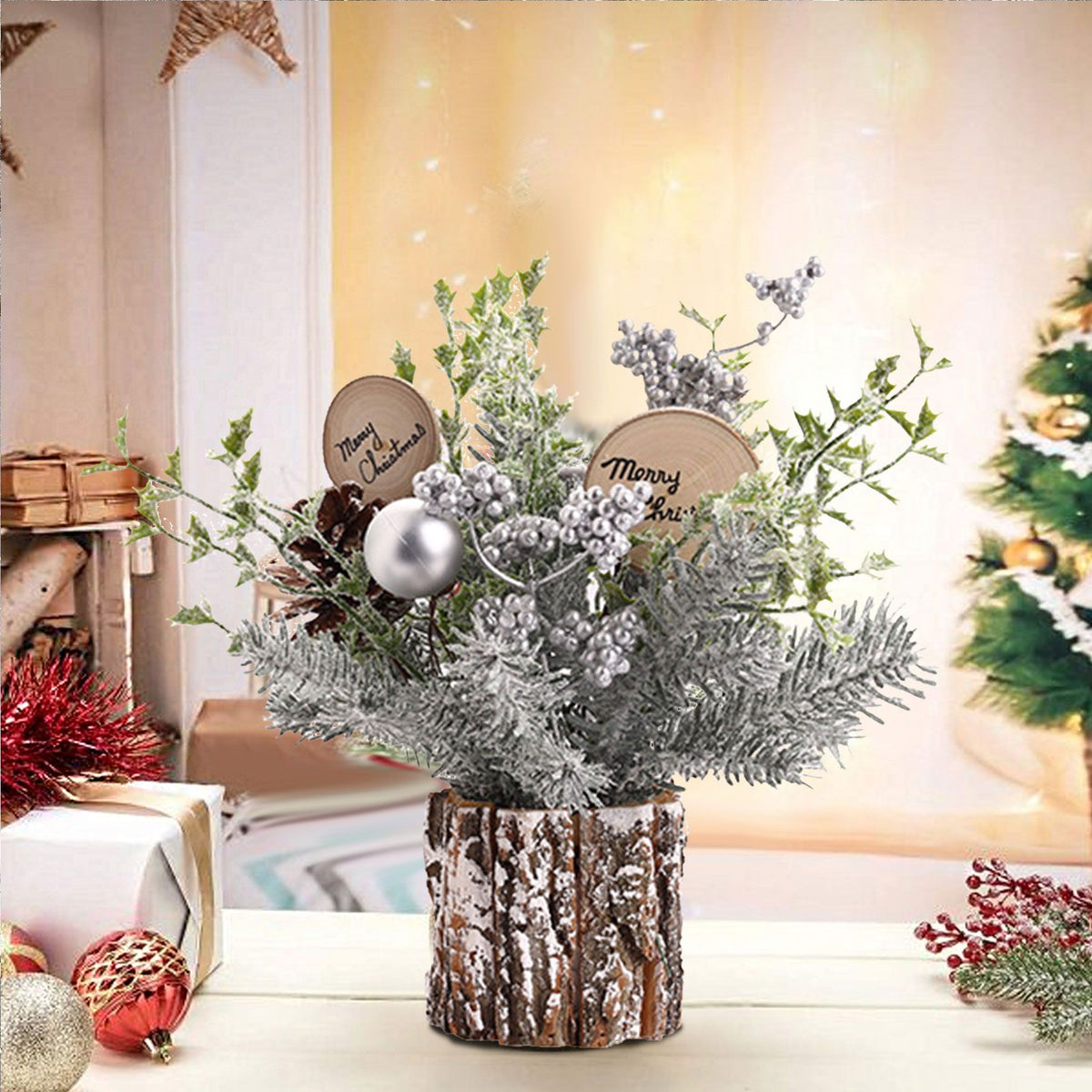 Mini Christmas Tree Decorations 35cm Flocking Pine Cone Simulation Artificial Christmas Tree Home Desktop Ornaments