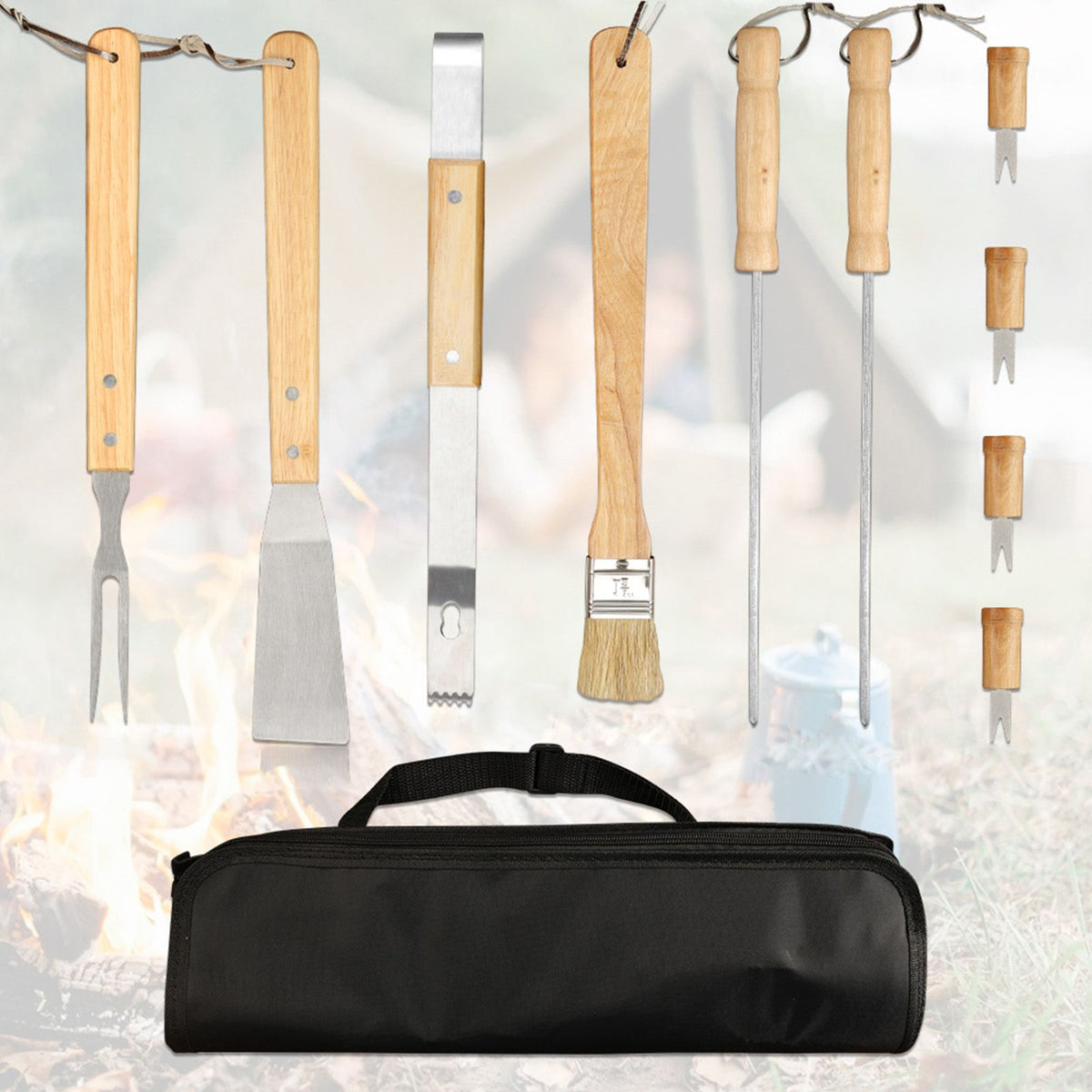 10PCS Grilling Tool Set Stainless Steel with Wood Handle Grill Utensils for Picnic Barbecue
