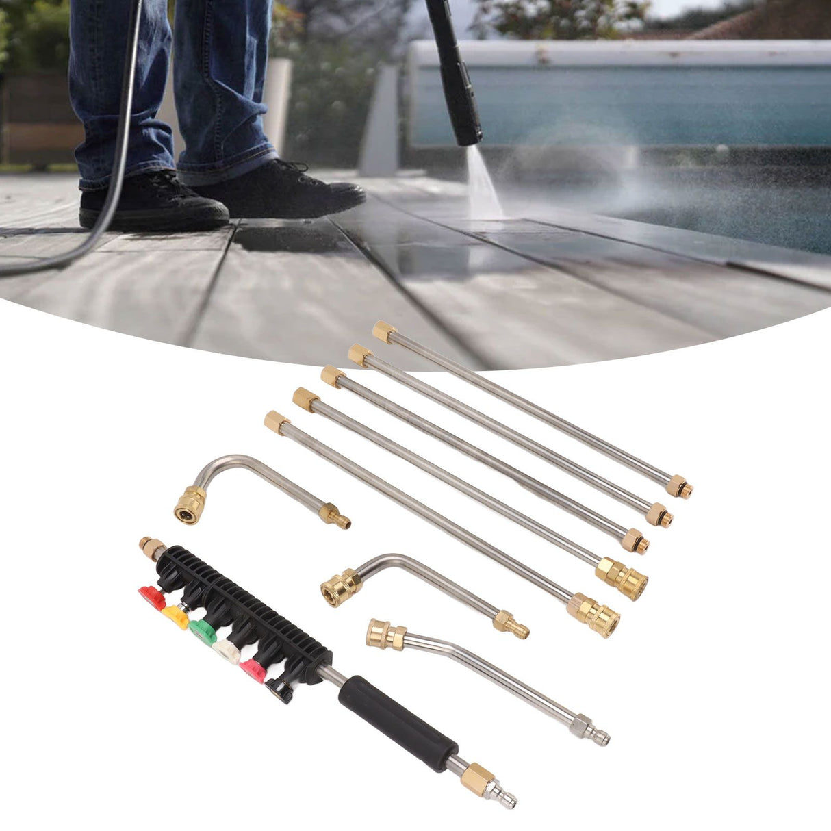 Pressure Washer Extension Wand 5 Straight Rod 3 Curve Rod Set Power Washer Lance with 6 Nozzles 1/4in Quick Connect