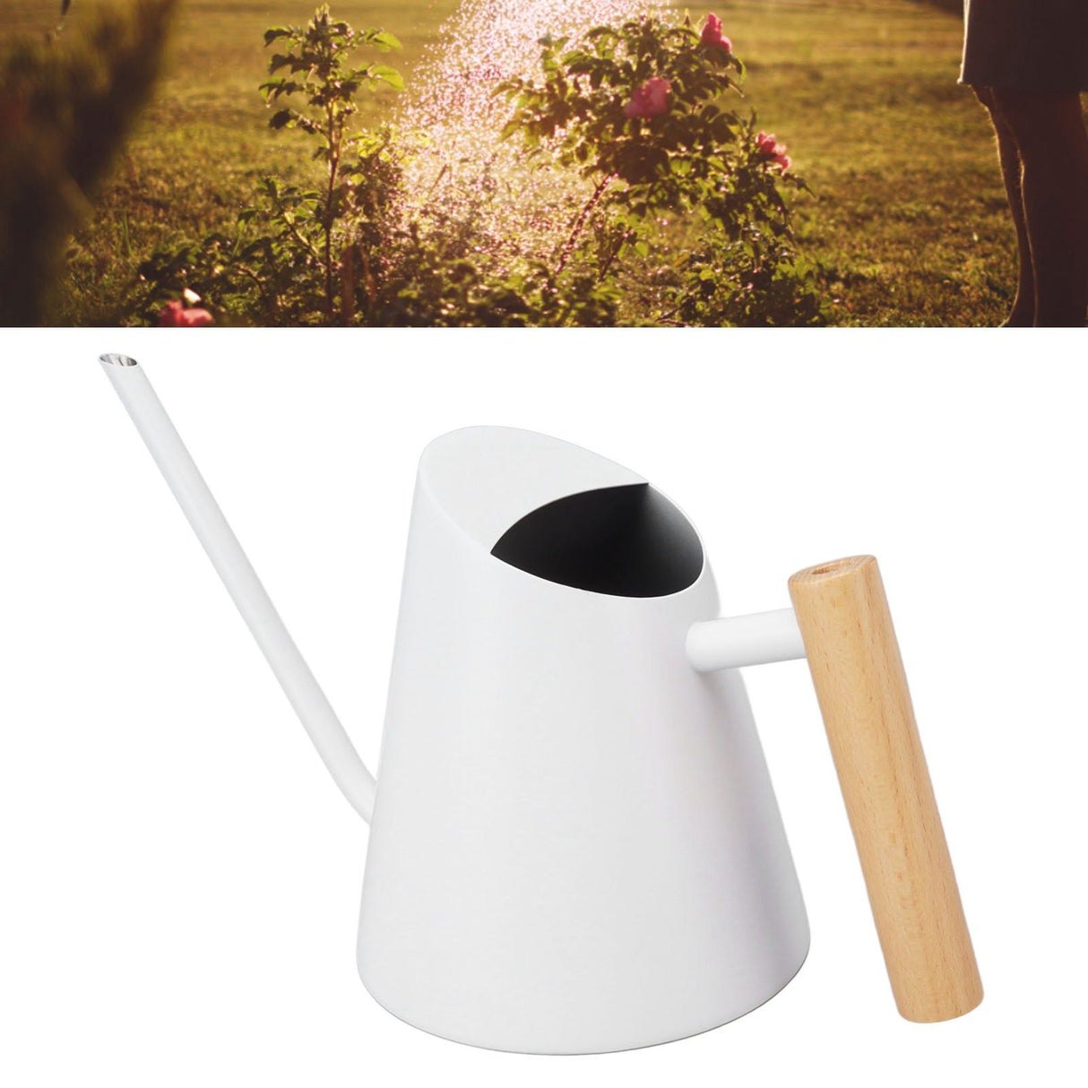 Watering Can with Long Spout Rustproof Stainless Steel Watering Pot with Wooden Handle for Garden Bonsai Indoor Outdoor White