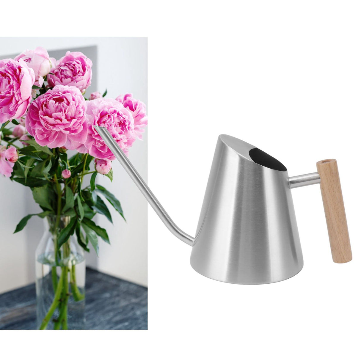 Watering Can with Long Spout Rustproof Stainless Steel Watering Pot with Wooden Handle for Garden Bonsai Indoor Outdoor Silver