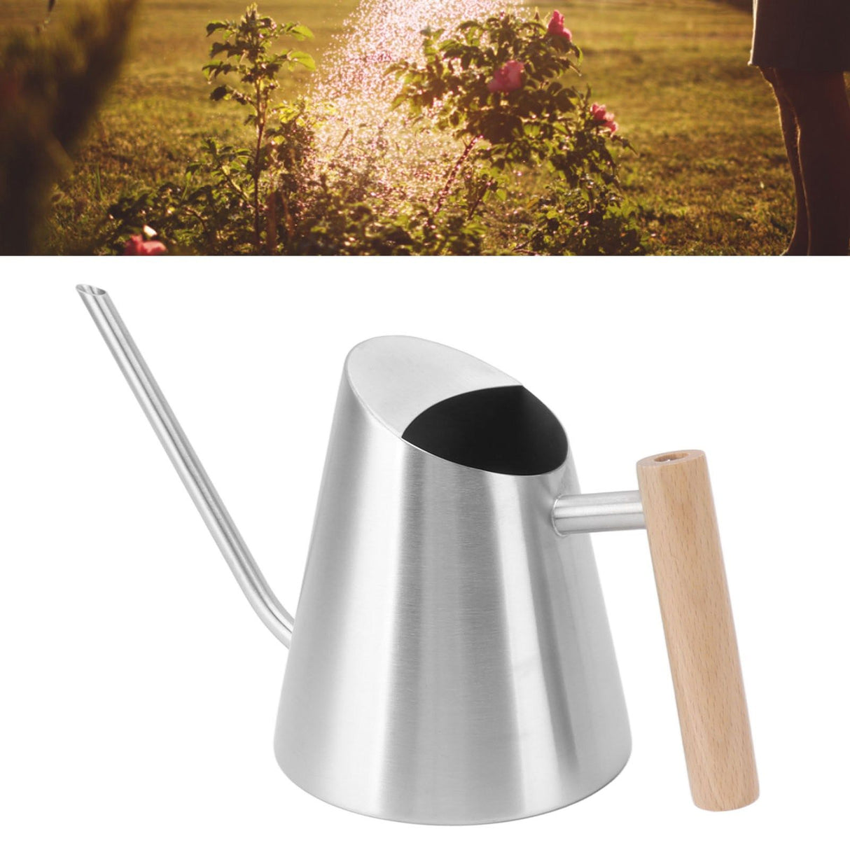 Watering Can with Long Spout Rustproof Stainless Steel Watering Pot with Wooden Handle for Garden Bonsai Indoor Outdoor Silver