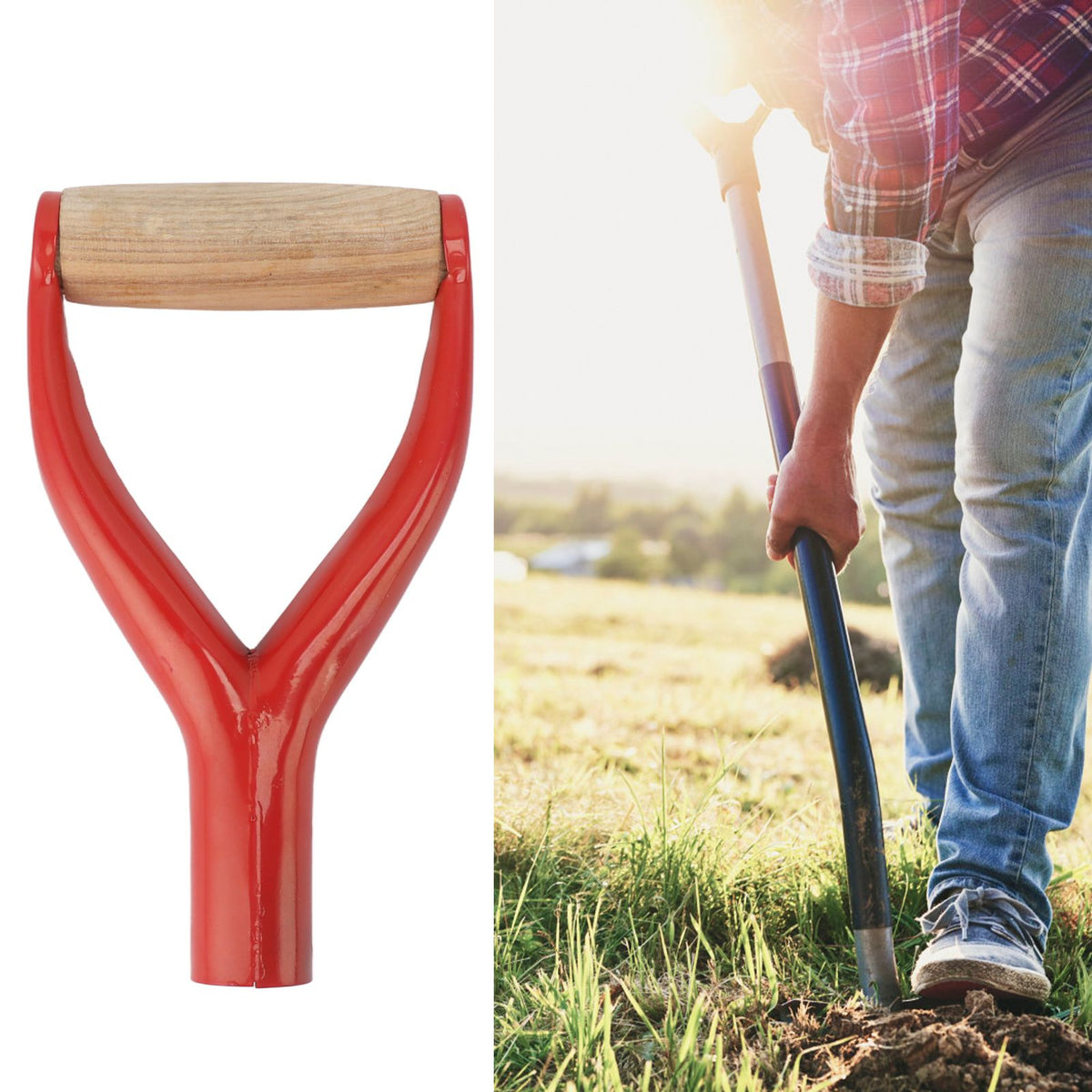 Shovel Handle Y Shaped 12.22in Inside Diameter Replacement Spade Handle with Wooden Grip for Garden Digging Raking Tool Red