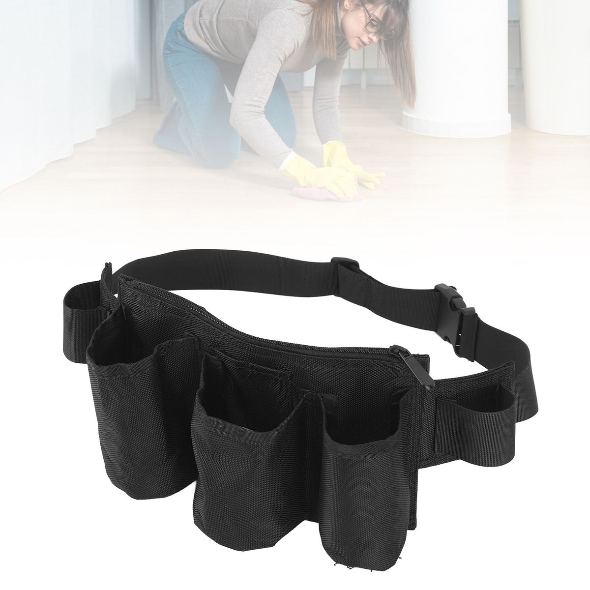 Garden Tool Belt 6 Pockets 2 Straps Waterproof Oxford Fabric Adjustable Gardening Tool Pouch for Family Camping Outdoor Black