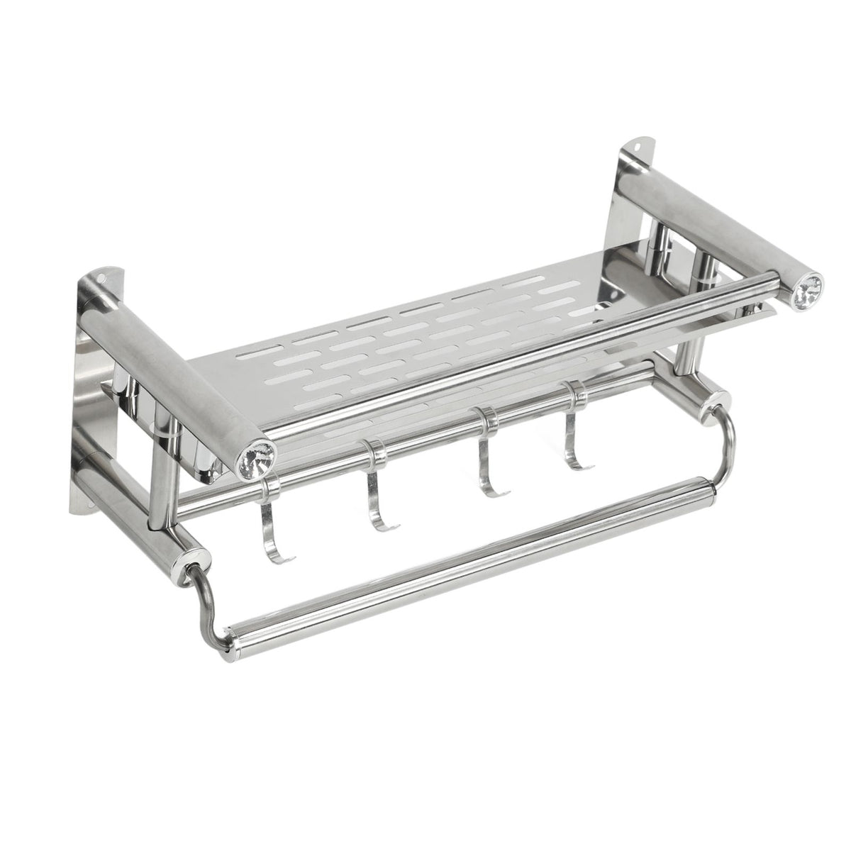 15.7in Bathroom Shelf Wall Mounted 201 Stainless Steel Waterproof Corrosion Prevention Towel Rack with Hooks for Shower