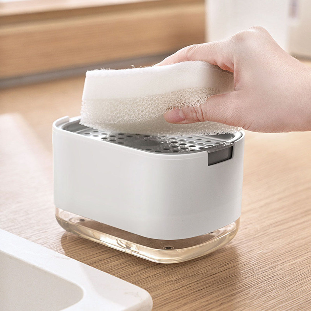 Soap Dispenser with Sponge Holder PP PET Press Type Soap Box for Cloth Dish Kitchen Cleaning White