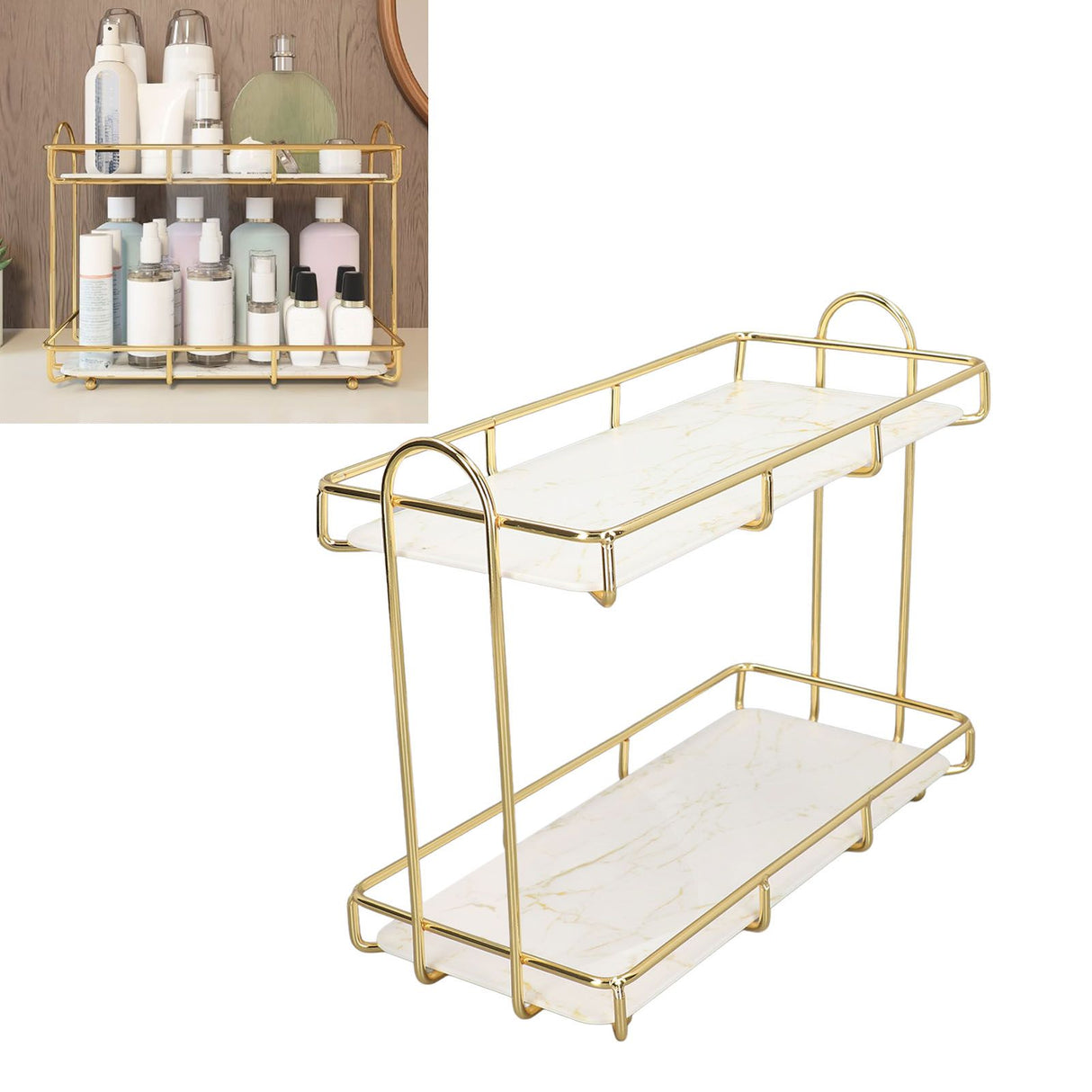 2 Tier Bathroom Shelf Countertop Standing Shelf with Partition Cosmetic Storage Rack Holder Gold Small 31x23cm