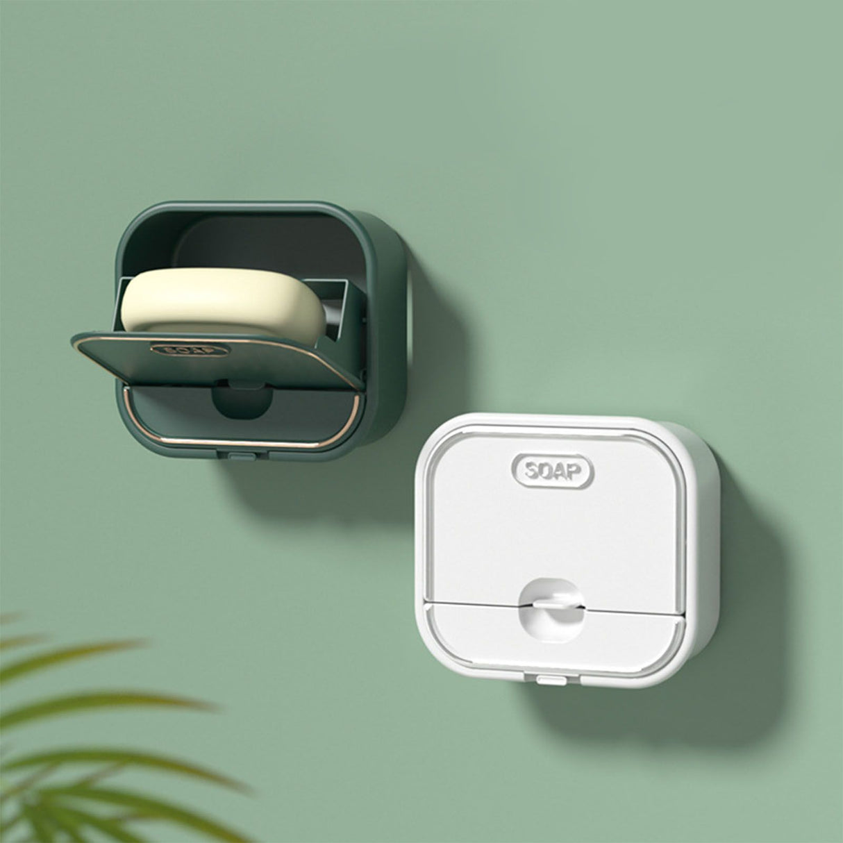 Home Soap Box Non Perforated Wall Mounted Draining Soap Box Flip Cover Bathroom Soap Box Dark Green