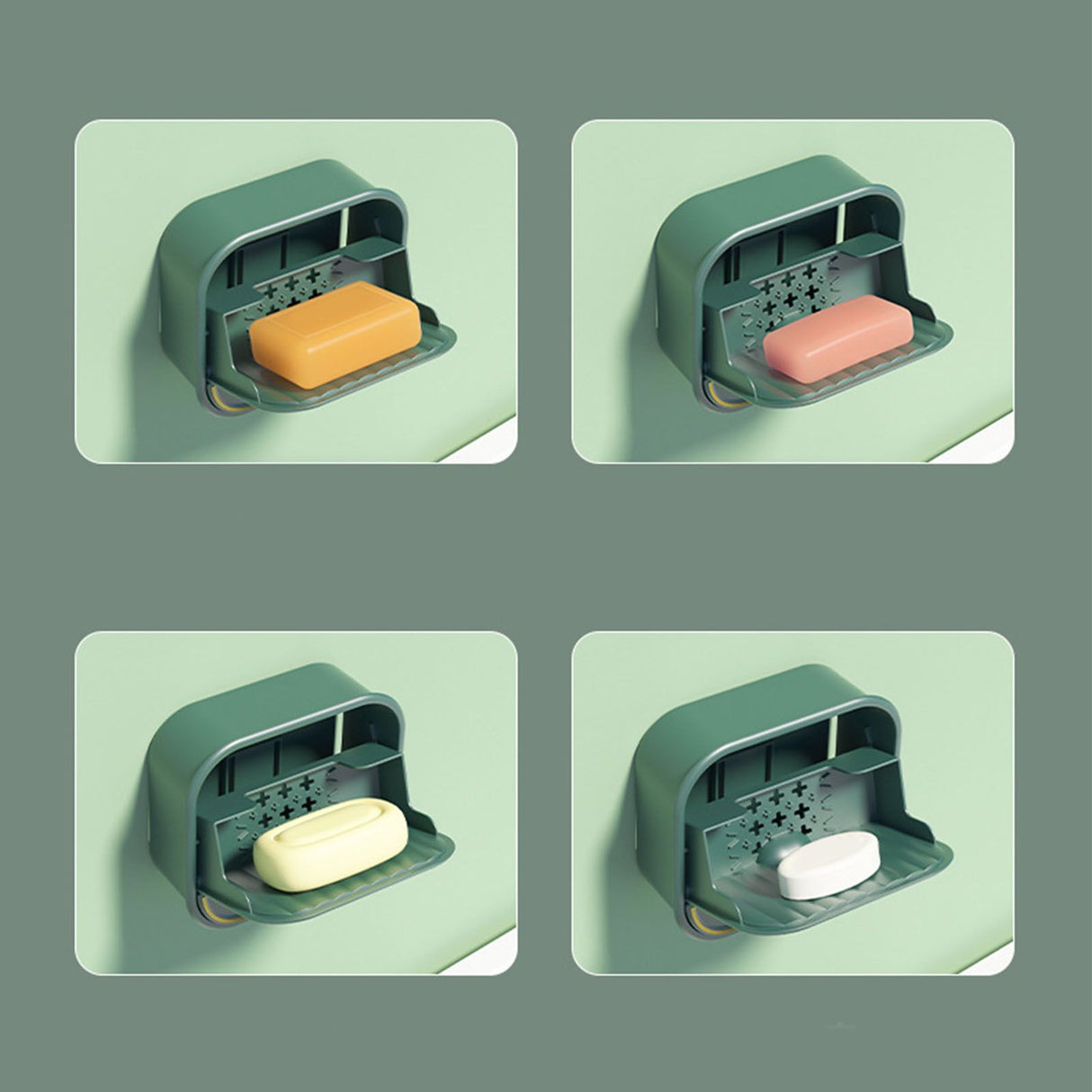 Home Soap Box Non Perforated Wall Mounted Draining Soap Box Flip Cover Bathroom Soap Box Dark Green