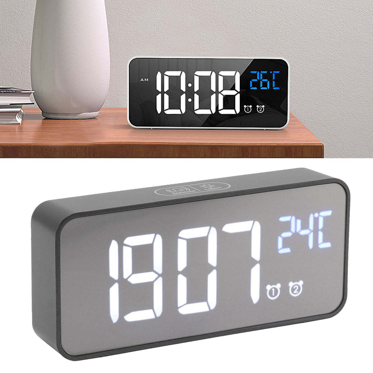 LED Mirror Digital Alarm Clock Large Screen Intelligent Brightness Adjust Snooze Function Power Off Memory 13 Songs for Home