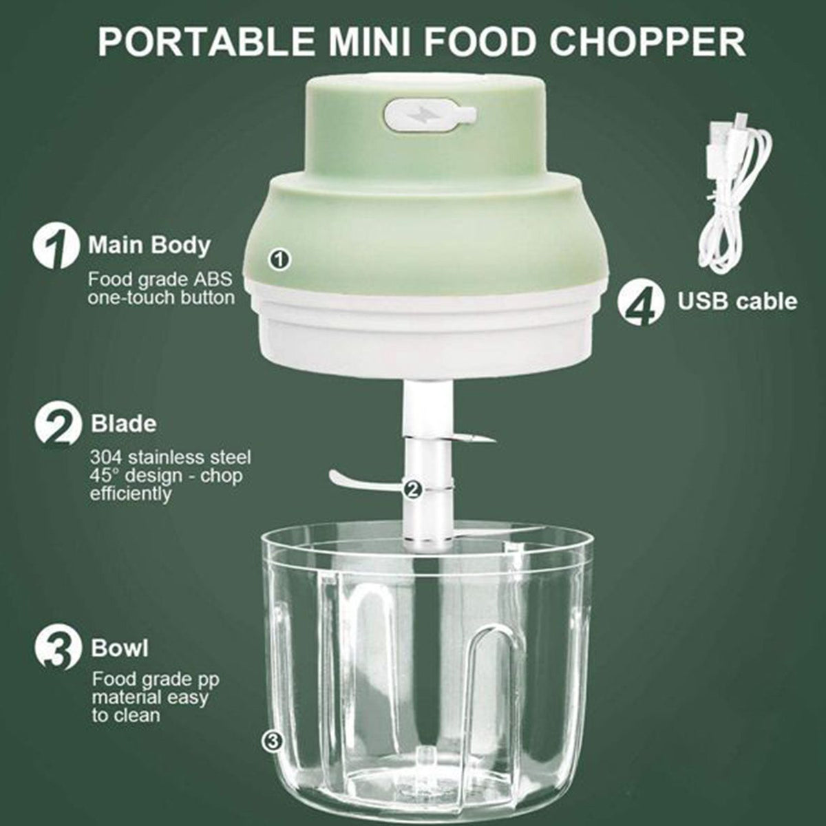 Electric Garlic Chopper USB Charging Cordless 3 Blades Garlic Masher Machine for Seasonings Meat Food Supplement Green