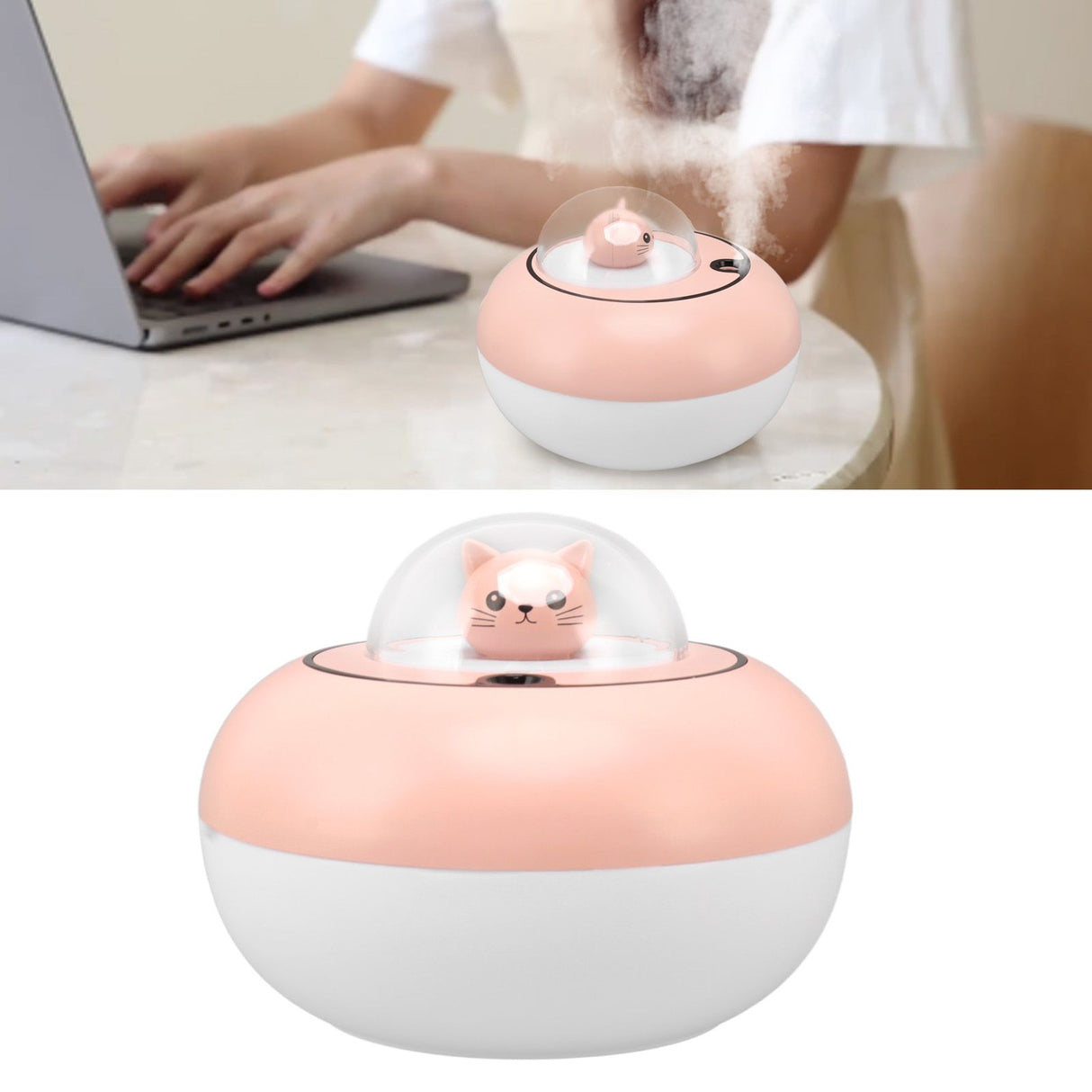 Mini Humidifier Cute Cat Sculpture Portable Quiet Desktop Air Humidifier for Home Office USB Plug in Pink