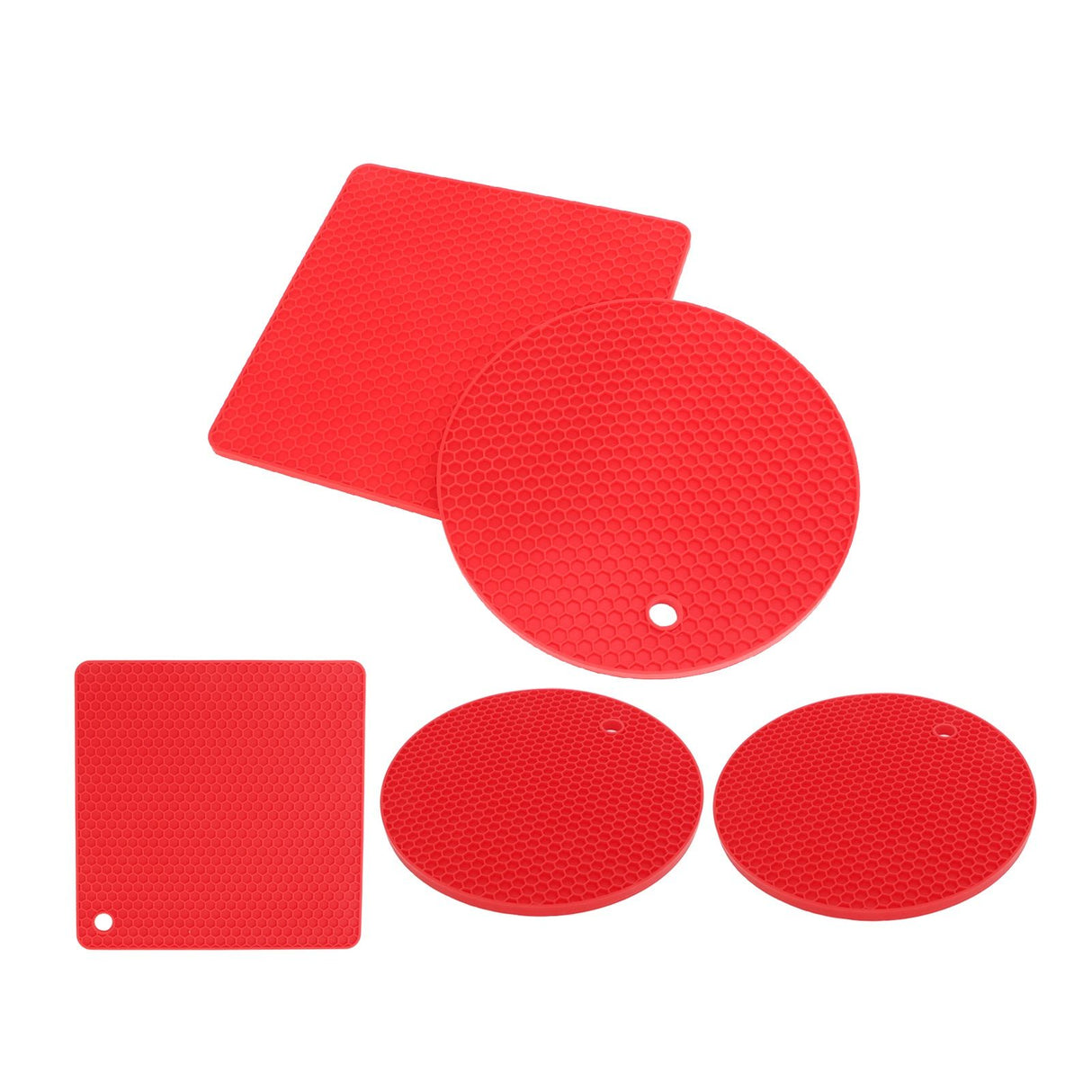 5Pcs Silicone Trivet Mat Square Round Honeycomb Hot Pad Non Slip Heat Resistant for Hot Plate Pans Kitchen Pots Red