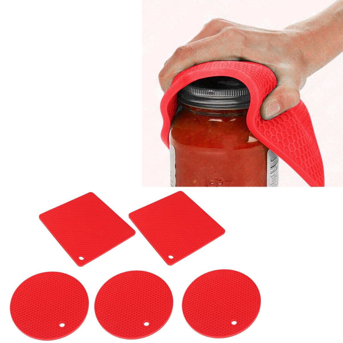 5Pcs Silicone Trivet Mat Square Round Honeycomb Hot Pad Non Slip Heat Resistant for Hot Plate Pans Kitchen Pots Red