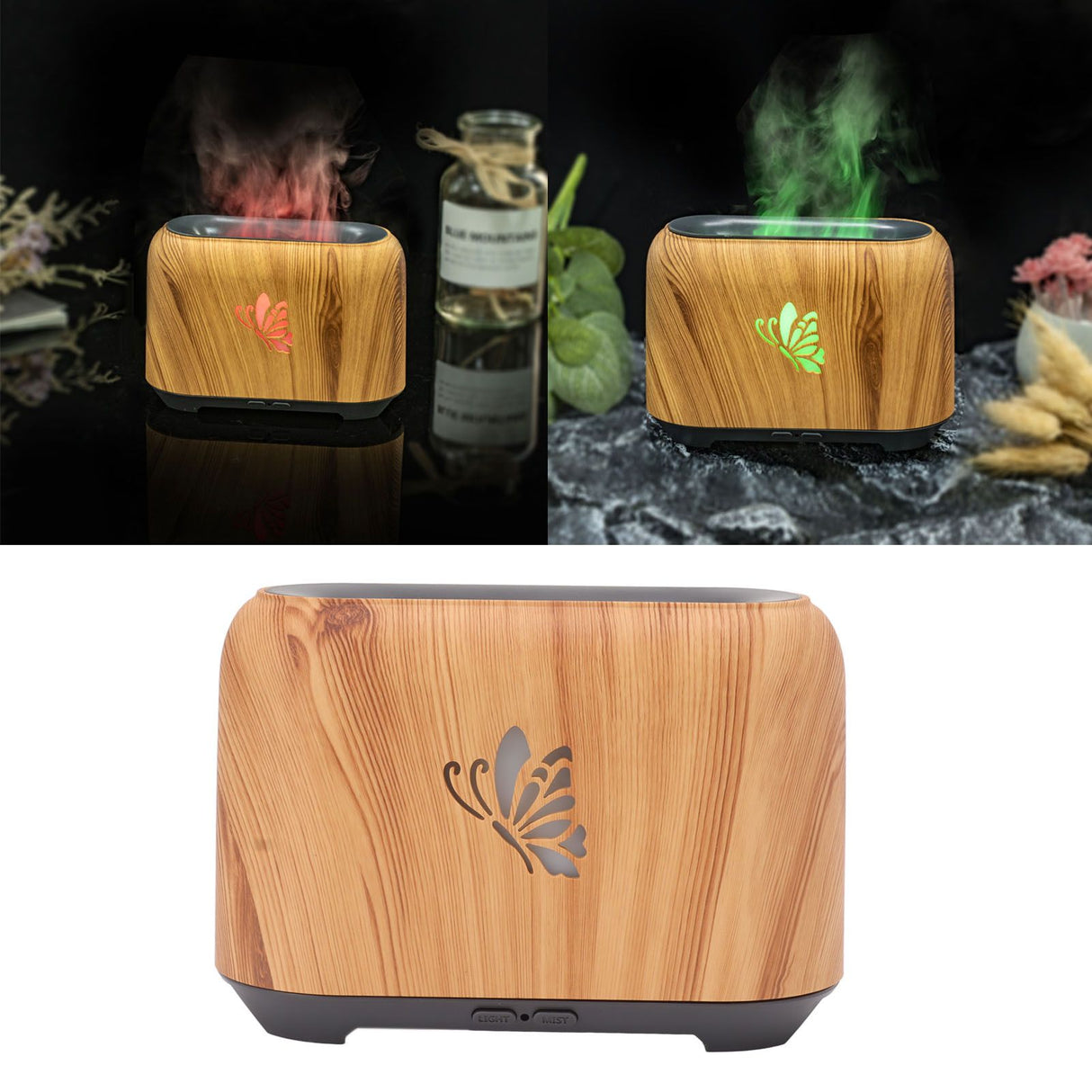 150ml Flame Diffuser Humidifier Prevents Dryness Silent Operation Wood Grain Humidifier with 7 Color Lights for Bedroom Office Light Grain