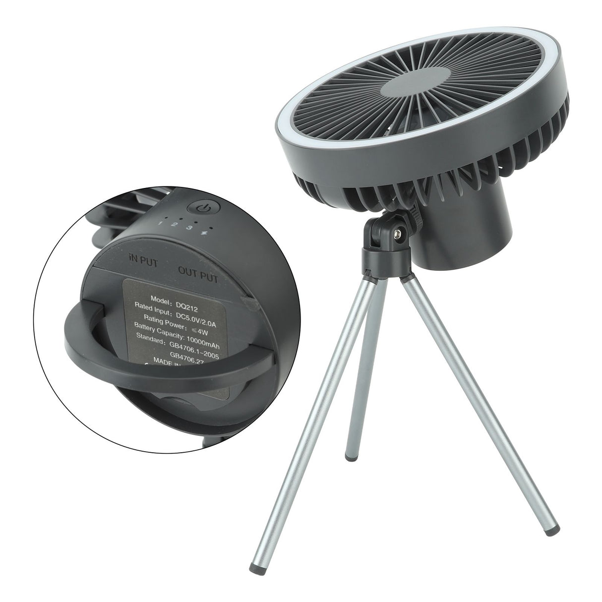 10000mAh USB Tripod Camping Fan Outdoor Portable Camping Fan with Light Power Bank Gray