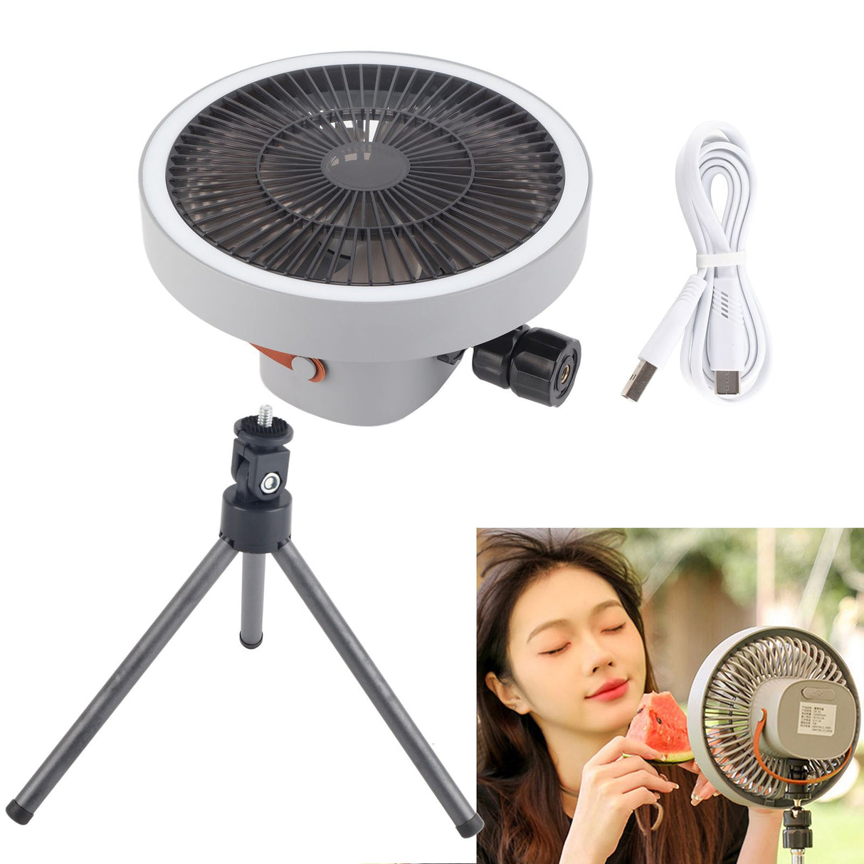 Portable USB Rechargeable Tripod Fan Outdoor Camping Tripod Fan for Outdoor Camping Tent Gray