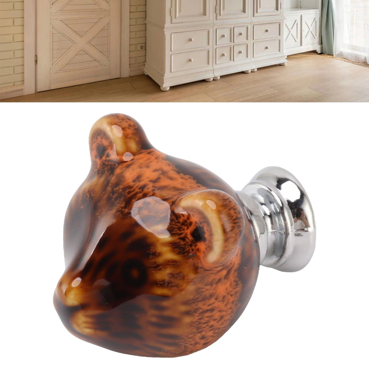 6PCS Bear Door Knob Orange Zinc Alloy Ceramic Decorative Bear Head Drawer Handle for Bedroom