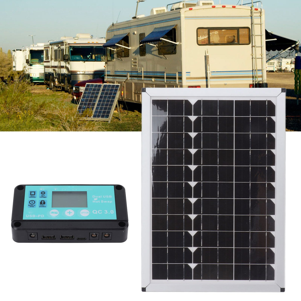 100W 18V Solar Panel Battery Charger Kit Monocrystalline Silicon Solar Panel with Dual USB Controller for Car RV Marine Boat