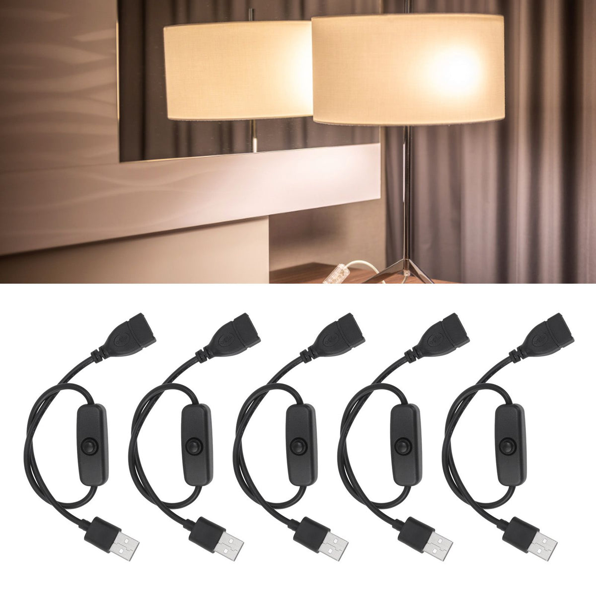 5PCS ON Off Switch Male to Female Cable 2 Pin PVC USB Extension Cable with B utton for Driving Recorder LED Lights Black