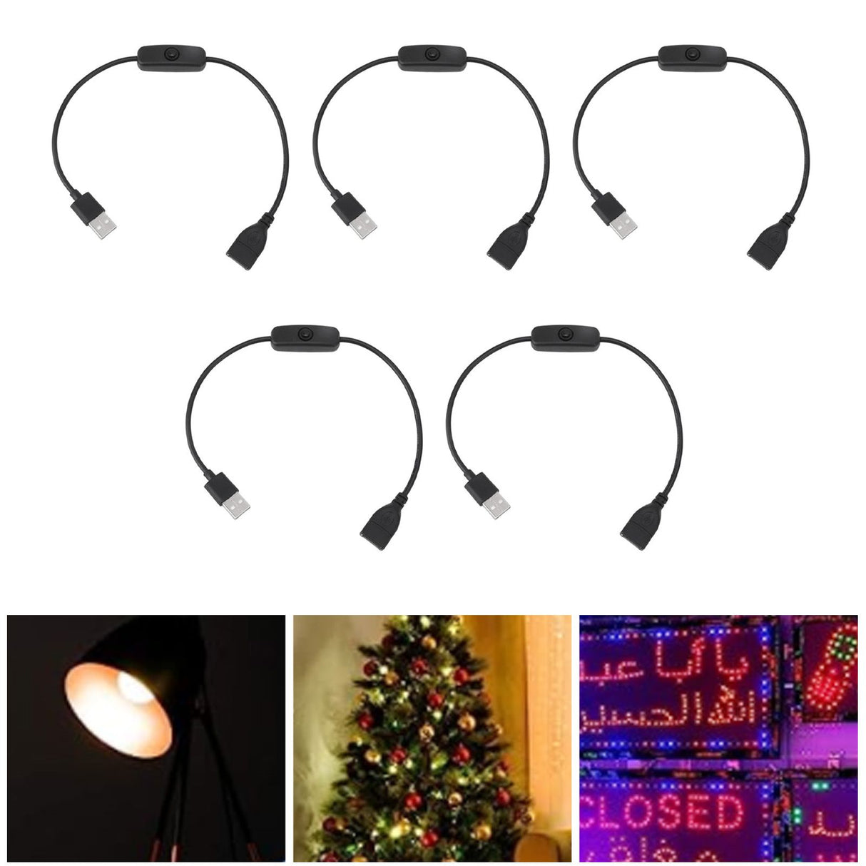 5PCS ON Off Switch Male to Female Cable 2 Pin PVC USB Extension Cable with B utton for Driving Recorder LED Lights Black