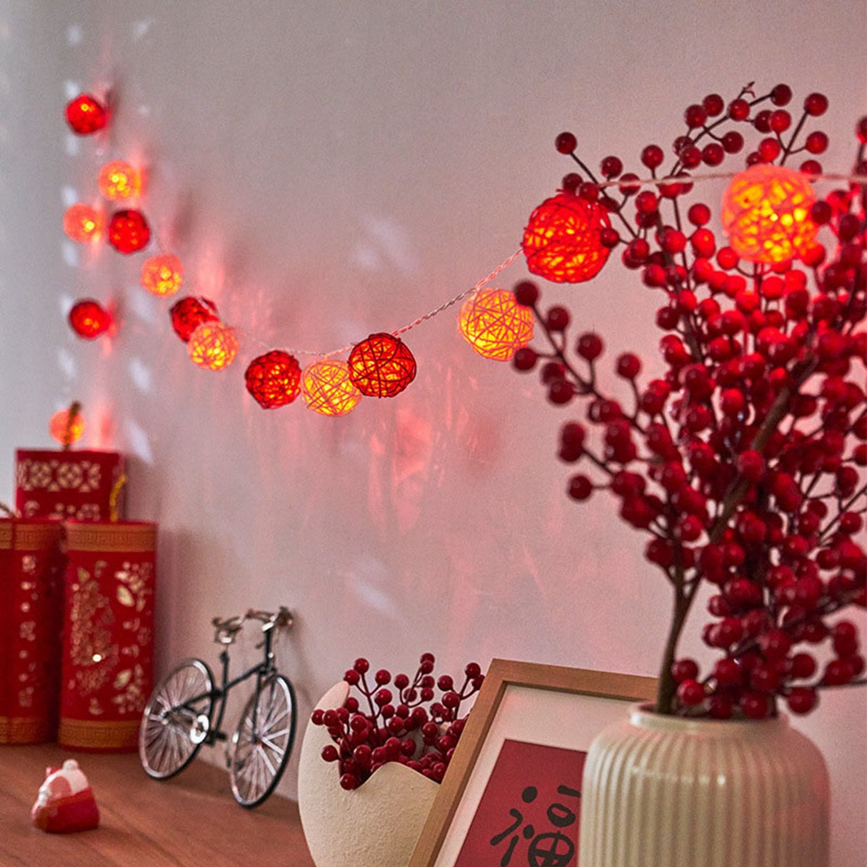 Rattan Ball String Light Decorative Romantic Rattan Ball String for Christmas Party Home Decor 2m/6.6ft
