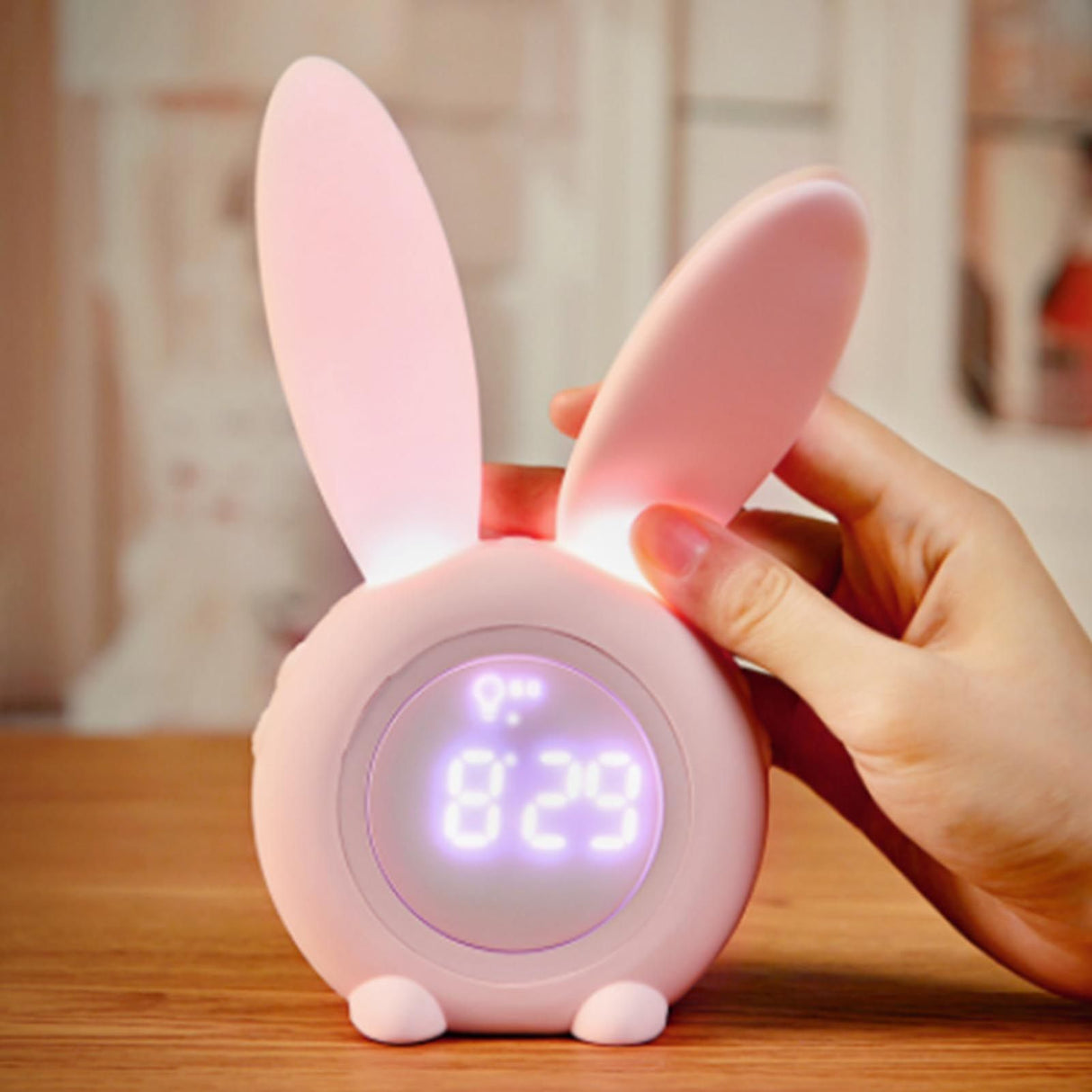 Digital Alarm Clock Cute Bunny Shape LED Night Light Luminous Digital Clock for Kids Bedroom Decor Pink