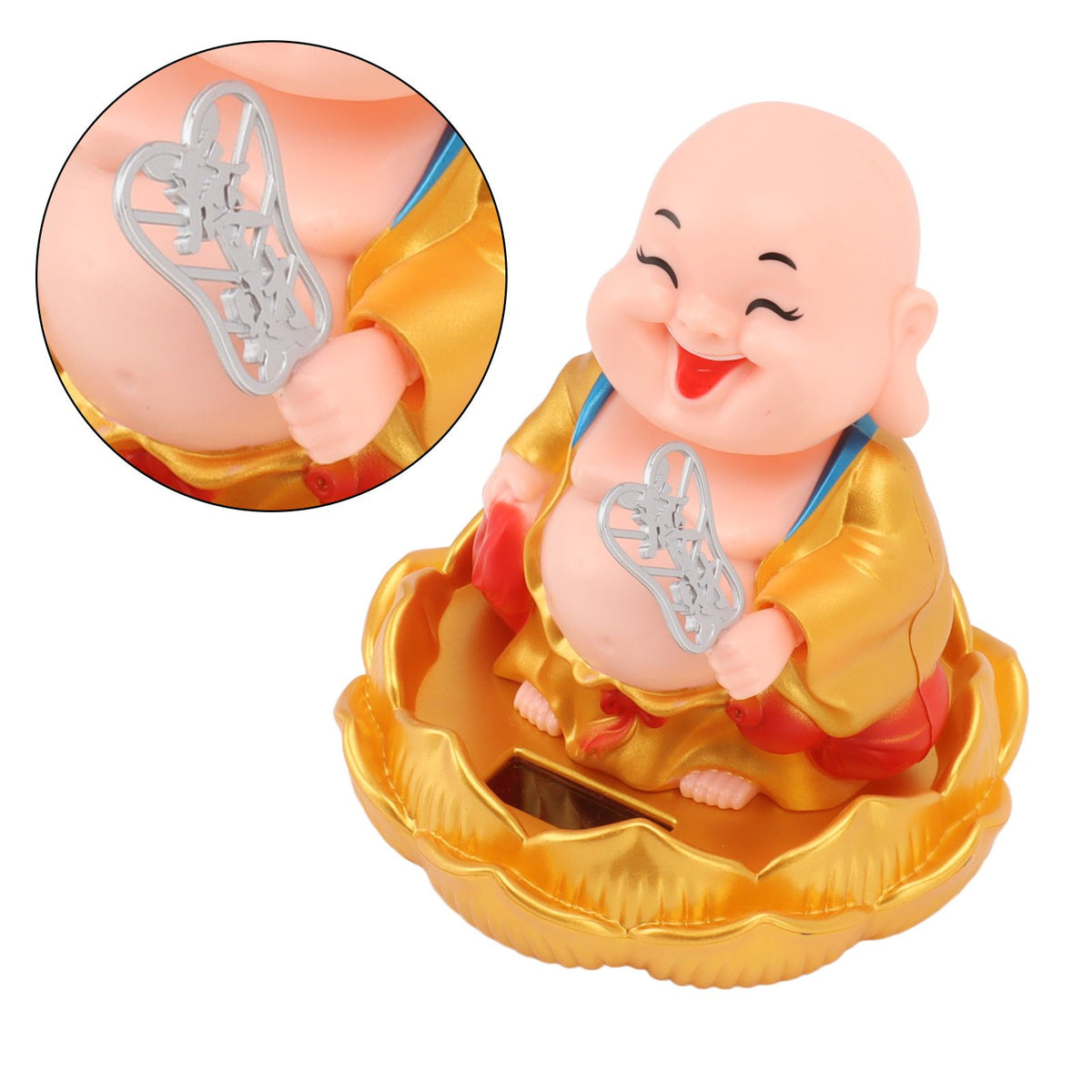 Solar Buddha Statue Solar Nodding Maitreya Car Ornament Decoration Shaking Head Toy for Wealth and Fortune Gold Clothes