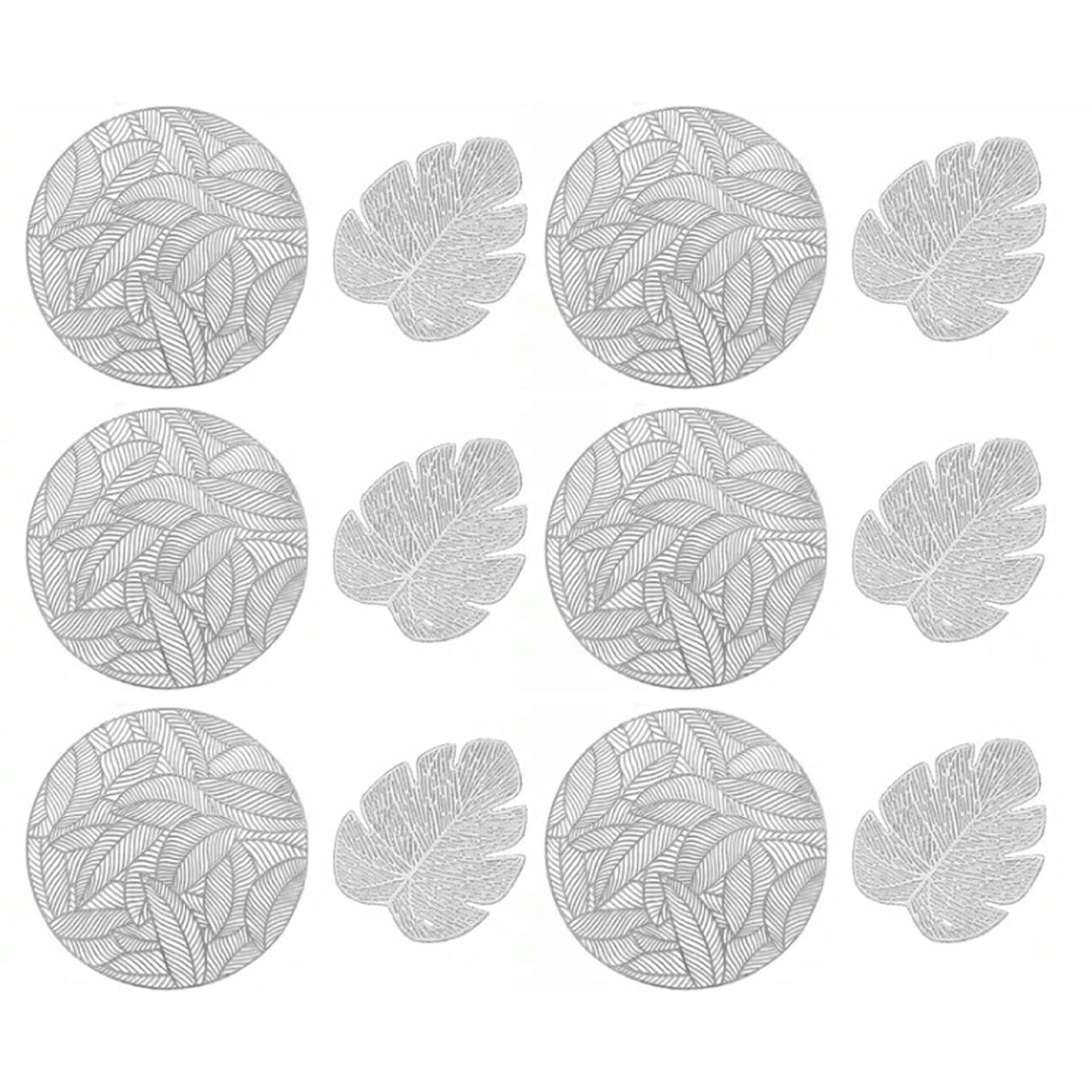 Placemats and Coasters Set Hollow Insulation 6 Pcs Round Dining Table Place Mats and 6 Pcs Leaf Shape Cup Coasters Silver