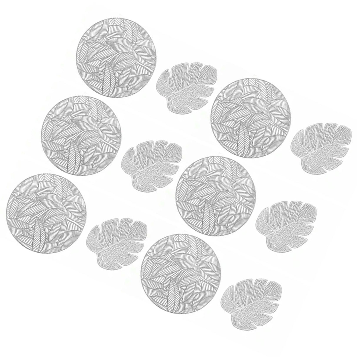 Placemats and Coasters Set Hollow Insulation 6 Pcs Round Dining Table Place Mats and 6 Pcs Leaf Shape Cup Coasters Silver