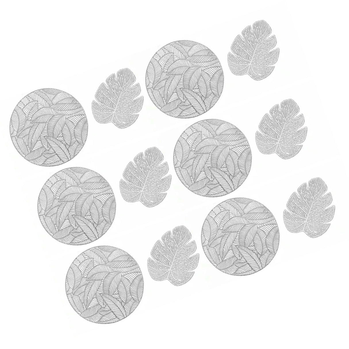 Placemats and Coasters Set Hollow Insulation 6 Pcs Round Dining Table Place Mats and 6 Pcs Leaf Shape Cup Coasters Silver