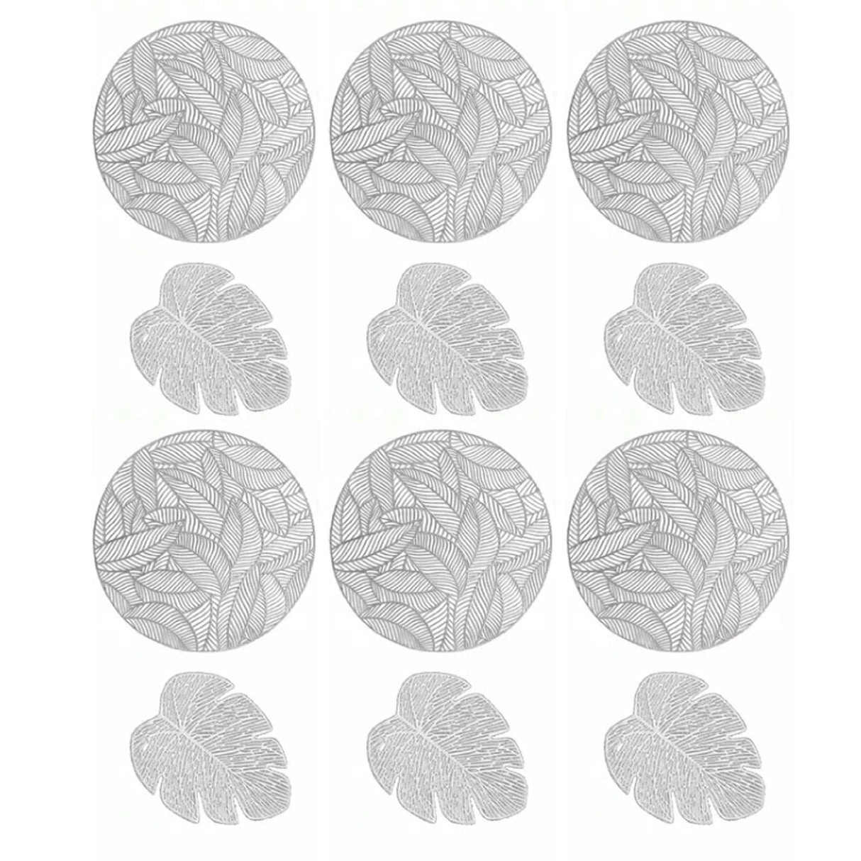 Placemats and Coasters Set Hollow Insulation 6 Pcs Round Dining Table Place Mats and 6 Pcs Leaf Shape Cup Coasters Silver