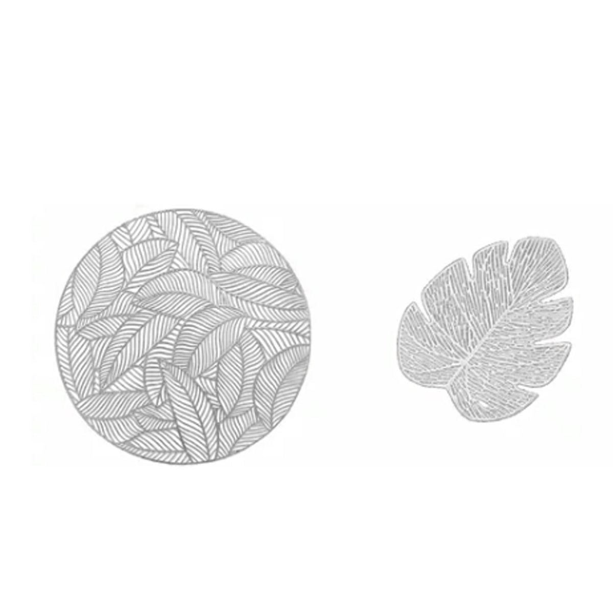 Placemats and Coasters Set Hollow Insulation 6 Pcs Round Dining Table Place Mats and 6 Pcs Leaf Shape Cup Coasters Silver