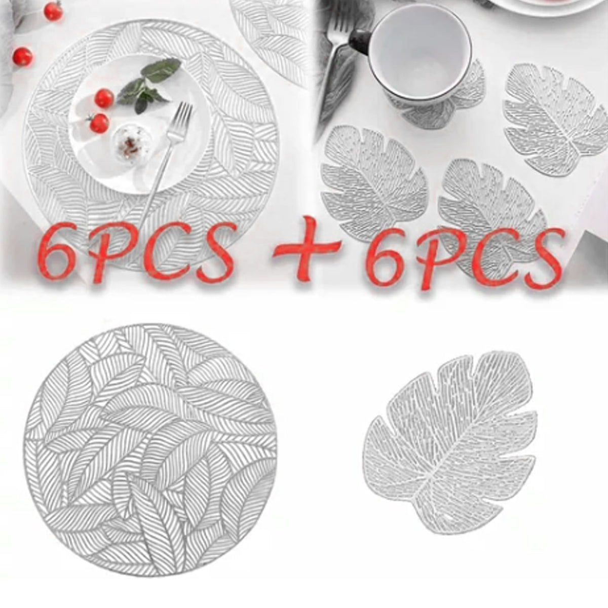 Placemats and Coasters Set Hollow Insulation 6 Pcs Round Dining Table Place Mats and 6 Pcs Leaf Shape Cup Coasters Silver